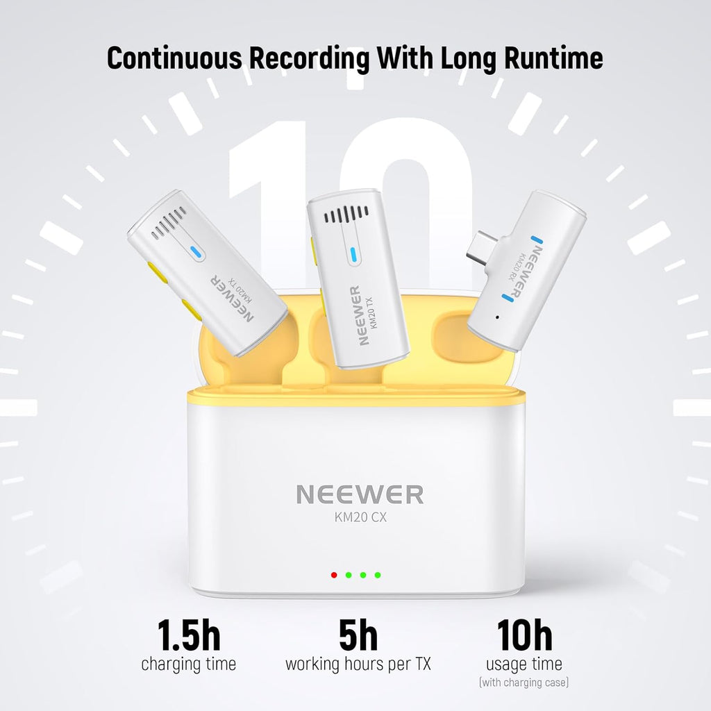 NEEWER KM19 Lightweight Wireless Lavalier Microphone, 48kHz/24bit 30H Battery 3-Level Noise Cancelling Mute Stereo 100m Range Mini Lav Mic with App Control, Compatible with iPhone Android Phone PC
