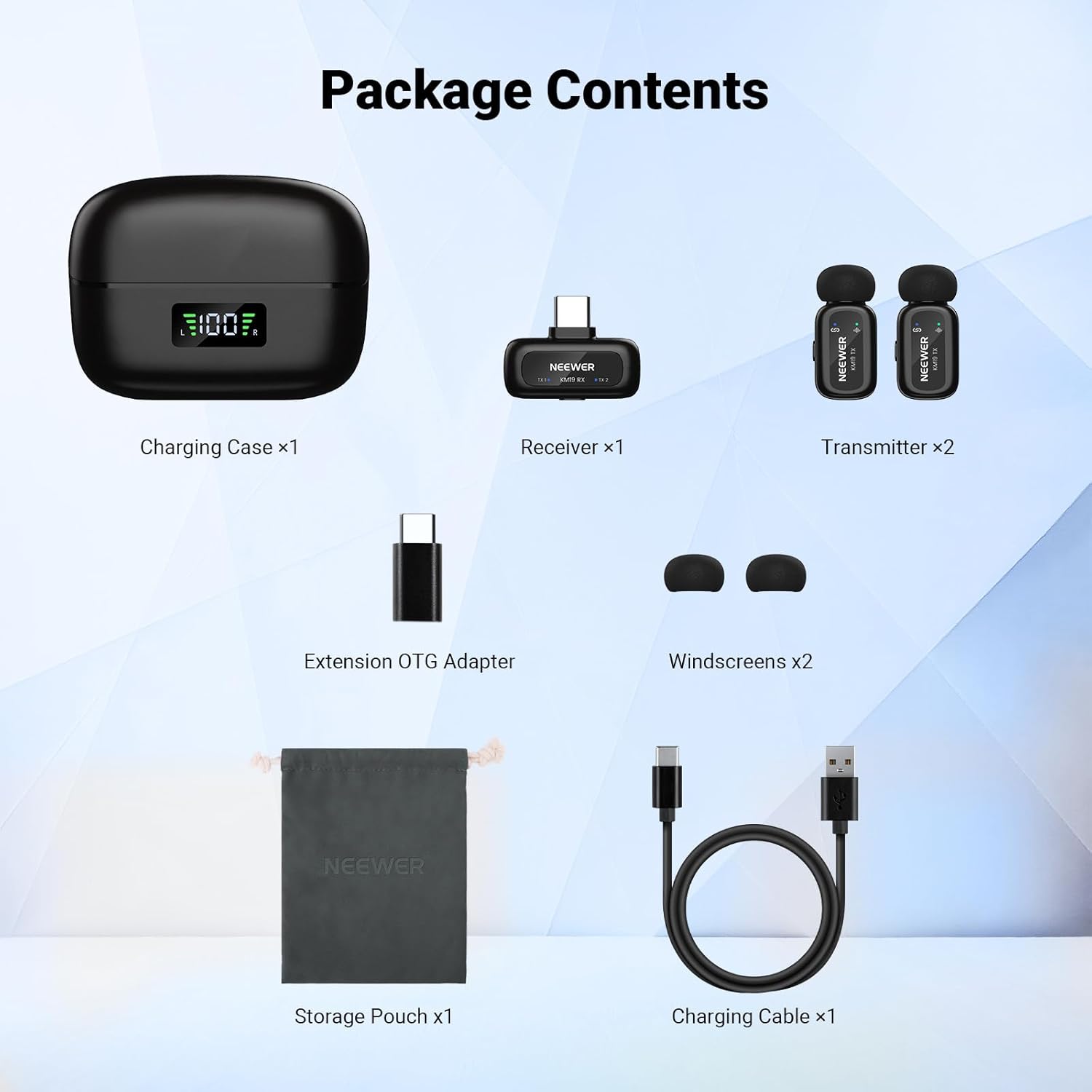 NEEWER KM19 Lightweight Wireless Lavalier Microphone, 48kHz/24bit 30H Battery 3-Level Noise Cancelling Mute Stereo 100m Range Mini Lav Mic with App Control, Compatible with iPhone Android Phone PC