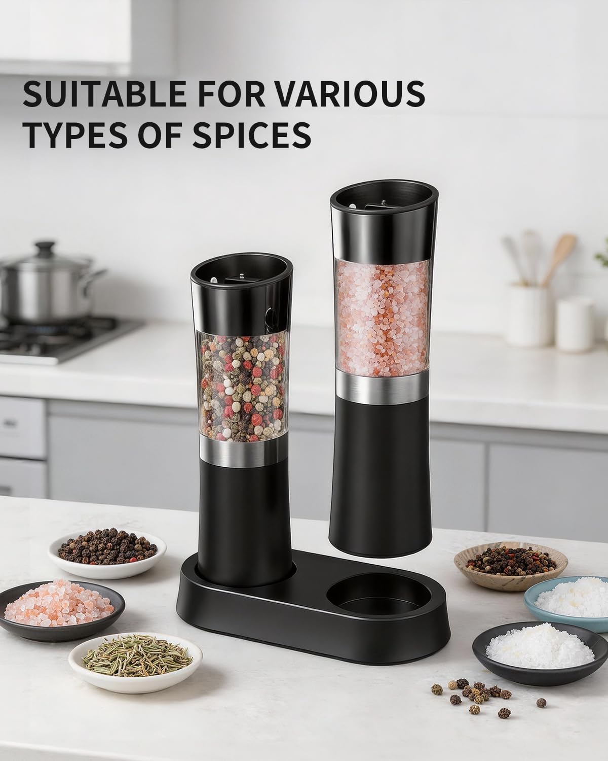 CIRCLE JOY Gravity Electric Salt and Pepper Grinder Set Automatic Salt and Pepper Grinder Set with LED Light, Battery Operated, Adjustable Coarseness, Large Capacity, for Home Kitchen BBQ, Black