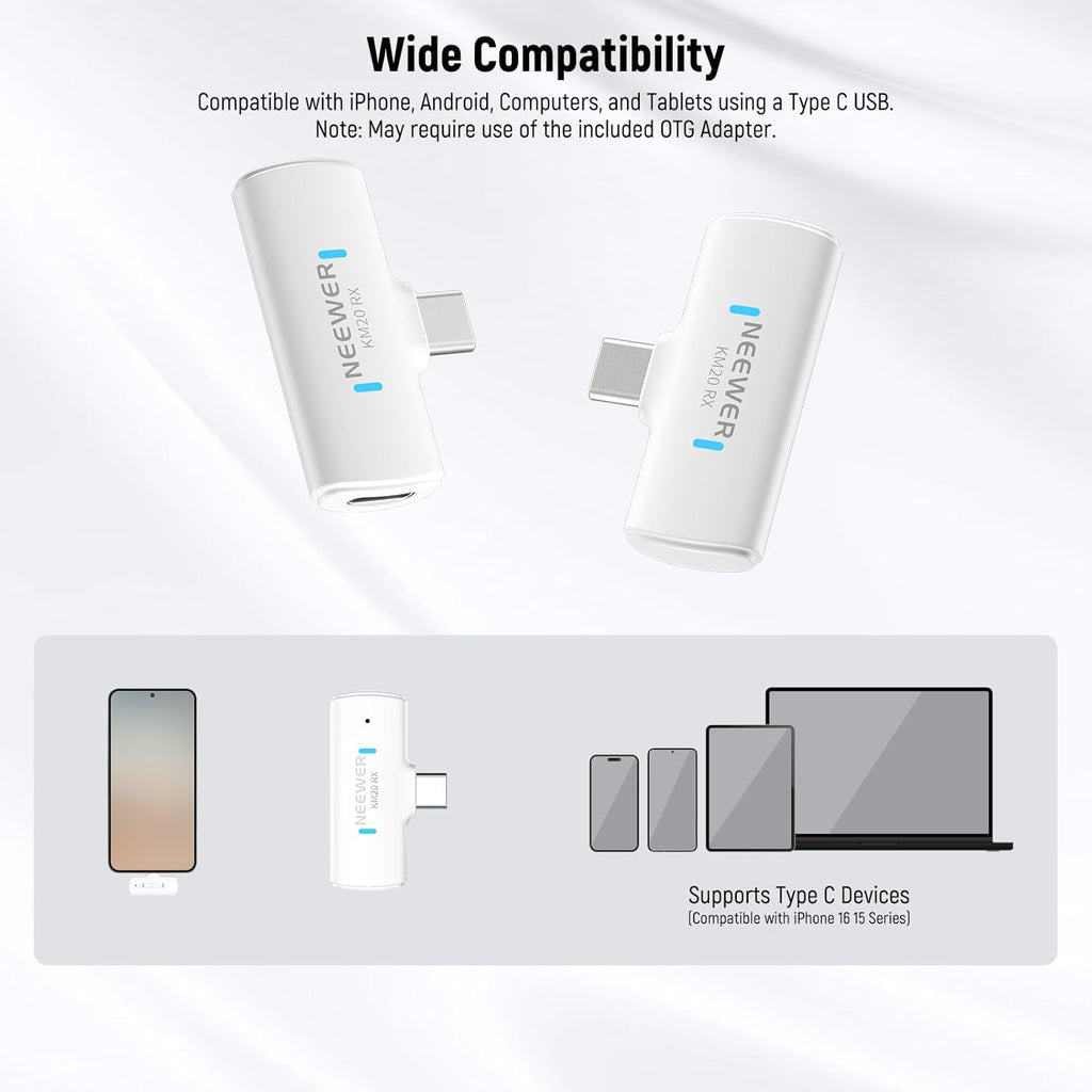 NEEWER KM19 Lightweight Wireless Lavalier Microphone, 48kHz/24bit 30H Battery 3-Level Noise Cancelling Mute Stereo 100m Range Mini Lav Mic with App Control, Compatible with iPhone Android Phone PC