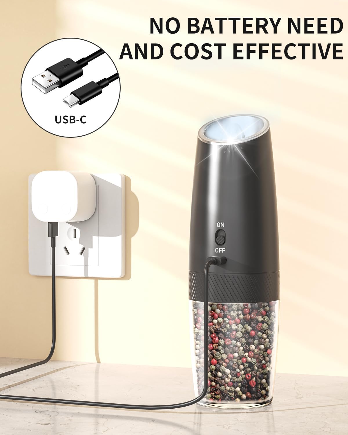 CIRCLE JOY Gravity Electric Salt and Pepper Grinder Set Automatic Salt and Pepper Grinder Set with LED Light, Battery Operated, Adjustable Coarseness, Large Capacity, for Home Kitchen BBQ, Black
