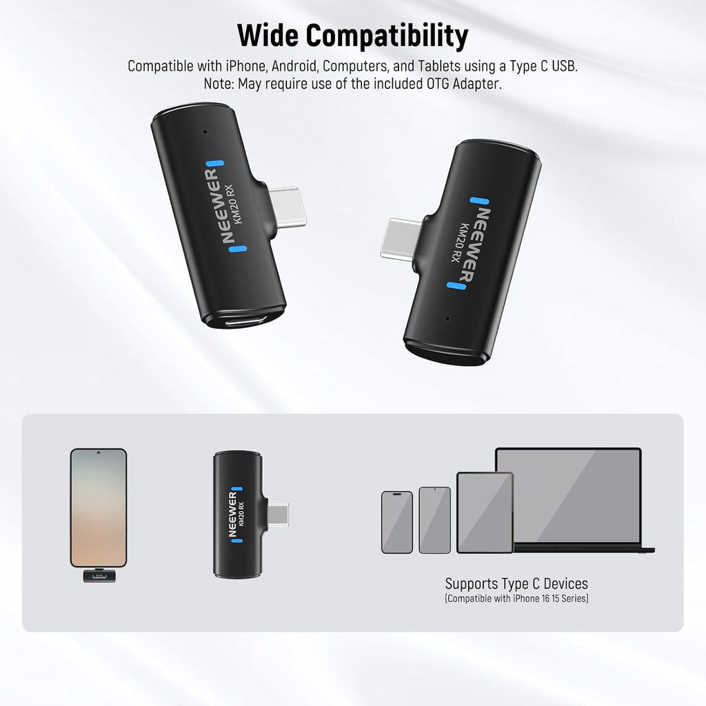 NEEWER KM19 Lightweight Wireless Lavalier Microphone, 48kHz/24bit 30H Battery 3-Level Noise Cancelling Mute Stereo 100m Range Mini Lav Mic with App Control, Compatible with iPhone Android Phone PC