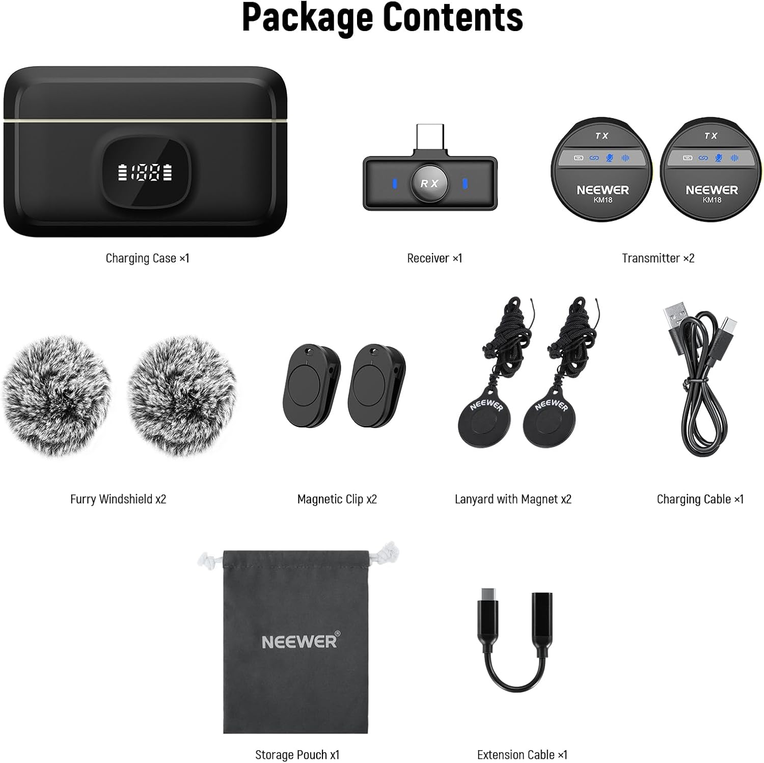 NEEWER KM19 Lightweight Wireless Lavalier Microphone, 48kHz/24bit 30H Battery 3-Level Noise Cancelling Mute Stereo 100m Range Mini Lav Mic with App Control, Compatible with iPhone Android Phone PC