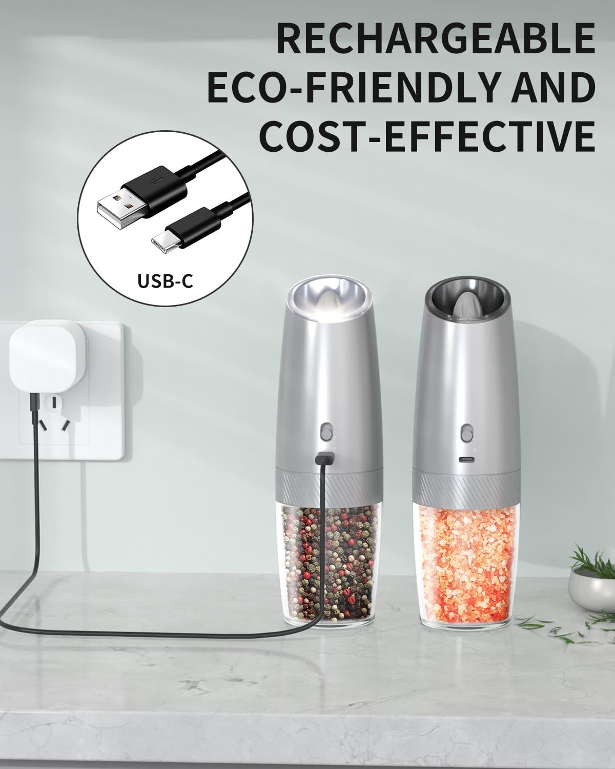 CIRCLE JOY Gravity Electric Salt and Pepper Grinder Set Automatic Salt and Pepper Grinder Set with LED Light, Battery Operated, Adjustable Coarseness, Large Capacity, for Home Kitchen BBQ, Black