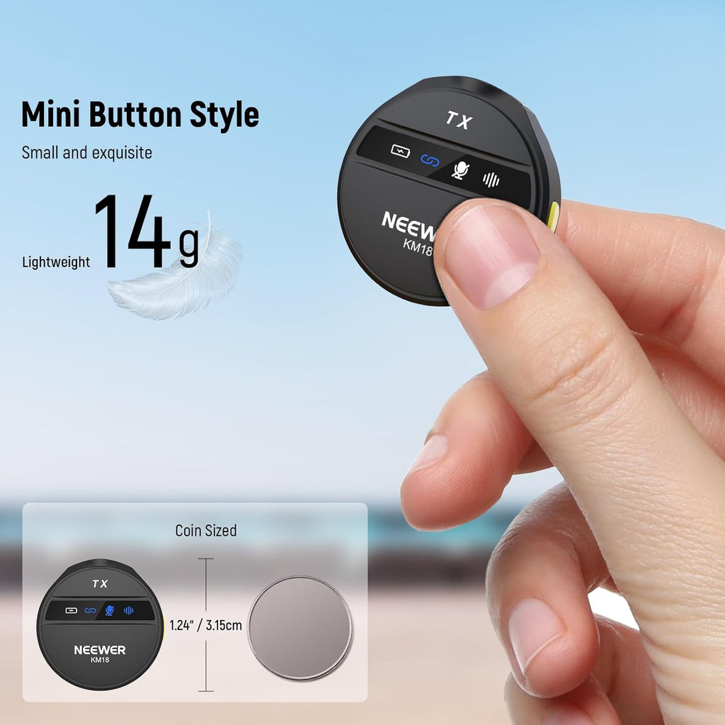 NEEWER KM19 Lightweight Wireless Lavalier Microphone, 48kHz/24bit 30H Battery 3-Level Noise Cancelling Mute Stereo 100m Range Mini Lav Mic with App Control, Compatible with iPhone Android Phone PC