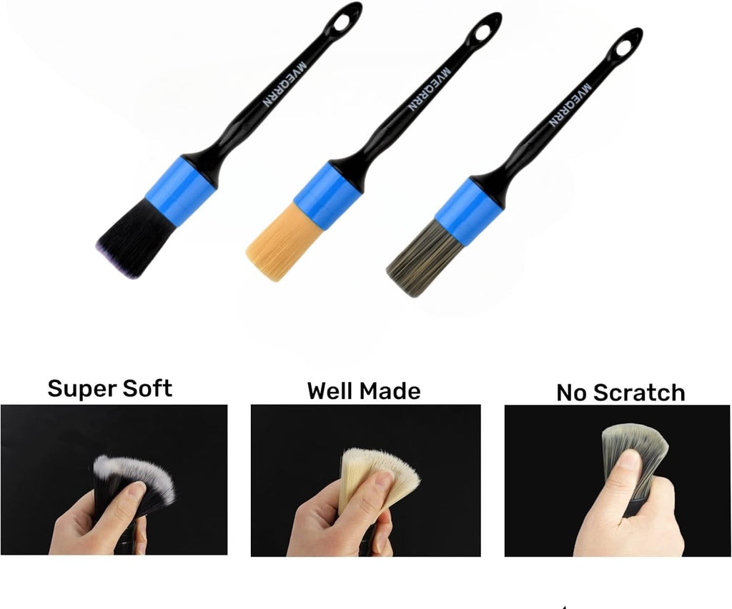 MVEQRRN 6pcs Car Detailing Brush Set - 2pcs Boar's Hair Car Detailing Brushes, 2pcs Ultra Soft No Scratch Detailing Brushes for Air Vent, Leather Seat, 2pcs Detail Brushes Car Detailing for Interior Exterior
