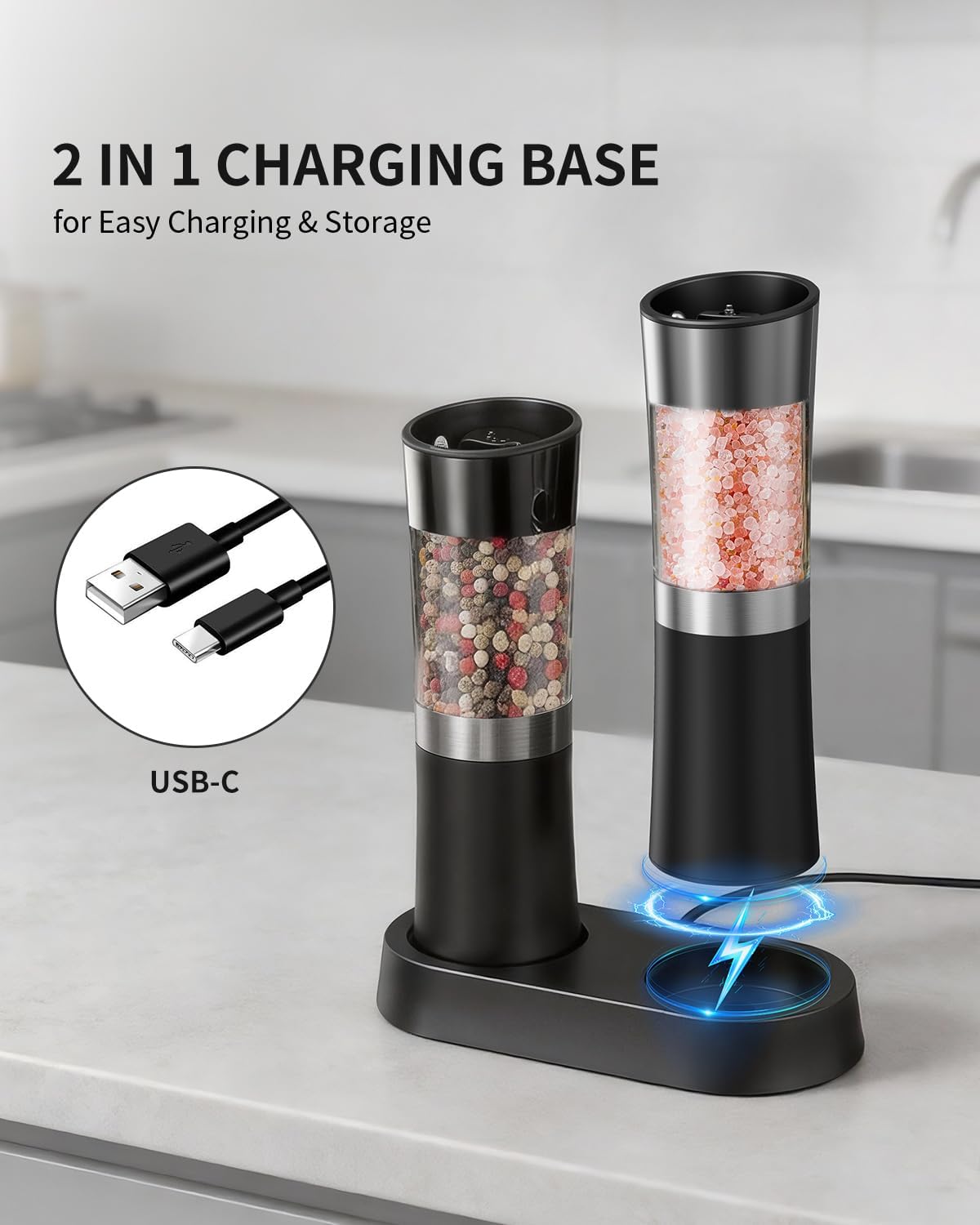 CIRCLE JOY Gravity Electric Salt and Pepper Grinder Set Automatic Salt and Pepper Grinder Set with LED Light, Battery Operated, Adjustable Coarseness, Large Capacity, for Home Kitchen BBQ, Black