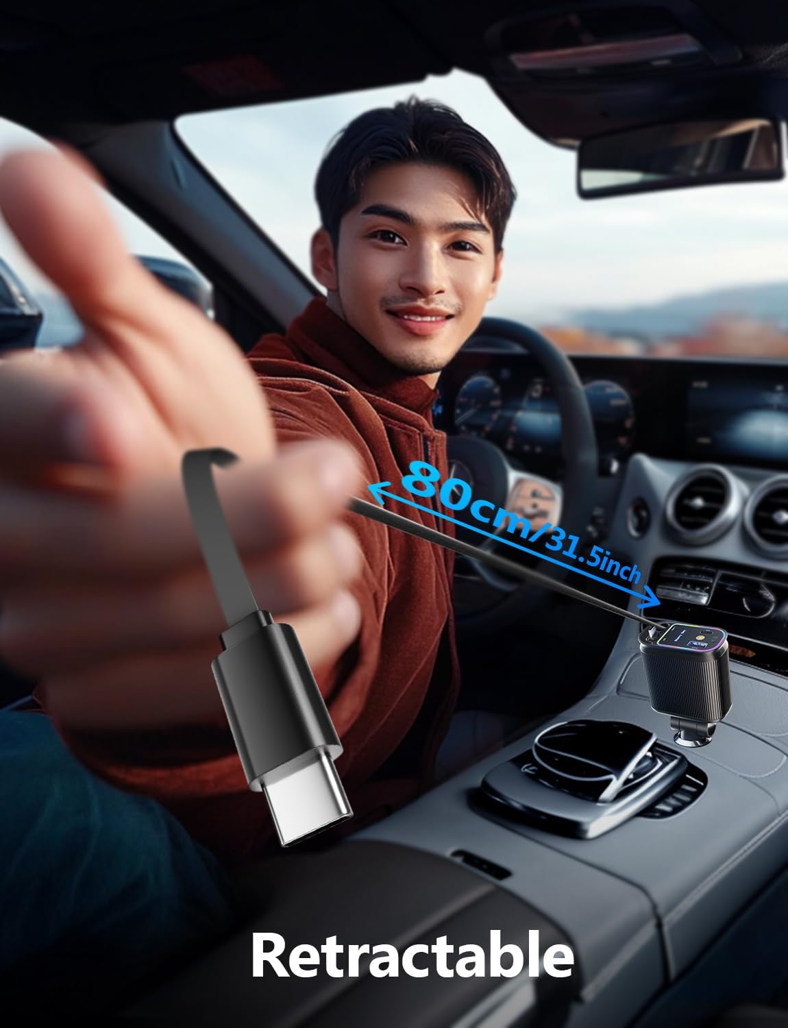 Retractable Car Charger with Starlight, 66W Starlight in Car Roof 4-in-1 Retractable Car Phone Charger Adapter, Fast Charging USB C Cable, Compatible with iPhone 17/16/15/14/13/12