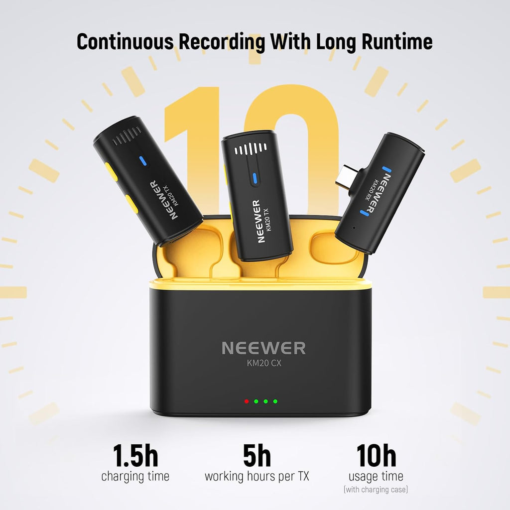 NEEWER KM19 Lightweight Wireless Lavalier Microphone, 48kHz/24bit 30H Battery 3-Level Noise Cancelling Mute Stereo 100m Range Mini Lav Mic with App Control, Compatible with iPhone Android Phone PC