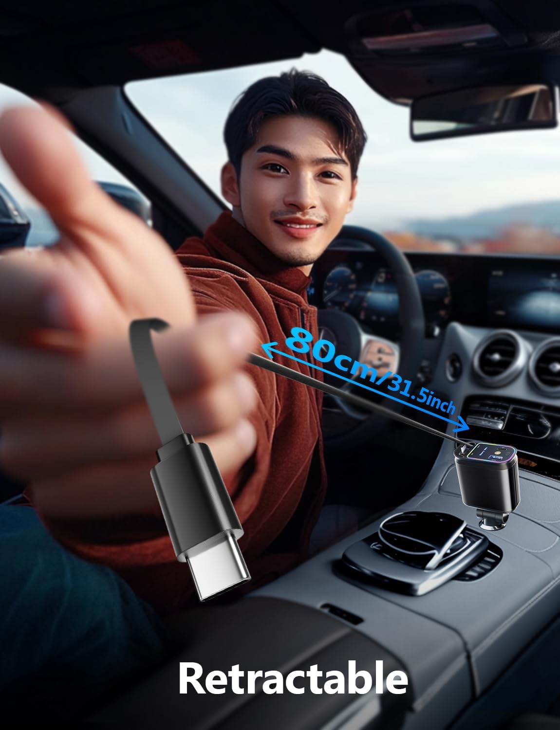 Retractable Car Charger with Starlight, 66W Starlight in Car Roof 4-in-1 Retractable Car Phone Charger Adapter, Fast Charging USB C Cable, Compatible with iPhone 17/16/15/14/13/12