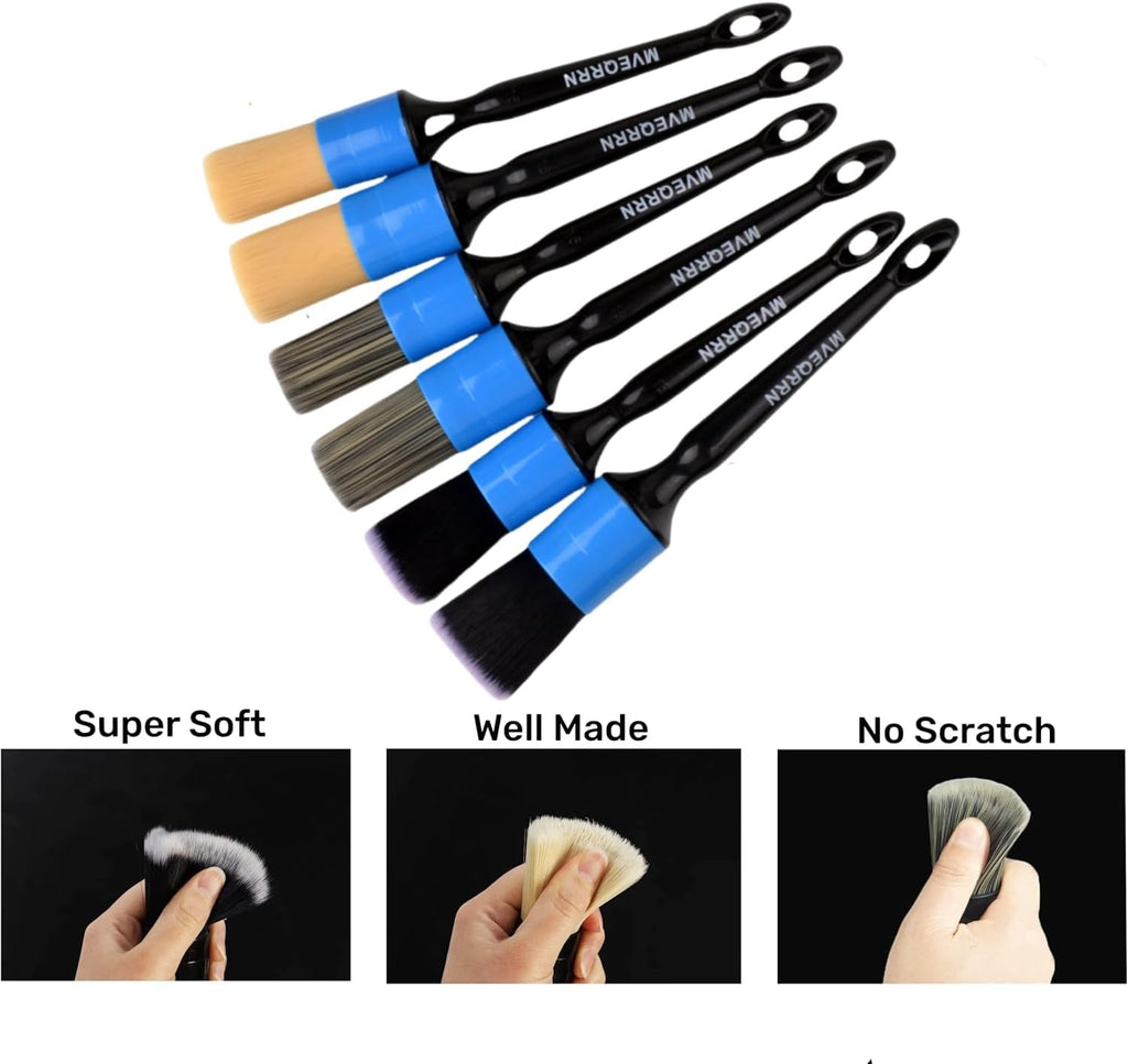 MVEQRRN 6pcs Car Detailing Brush Set - 2pcs Boar's Hair Car Detailing Brushes, 2pcs Ultra Soft No Scratch Detailing Brushes for Air Vent, Leather Seat, 2pcs Detail Brushes Car Detailing for Interior Exterior