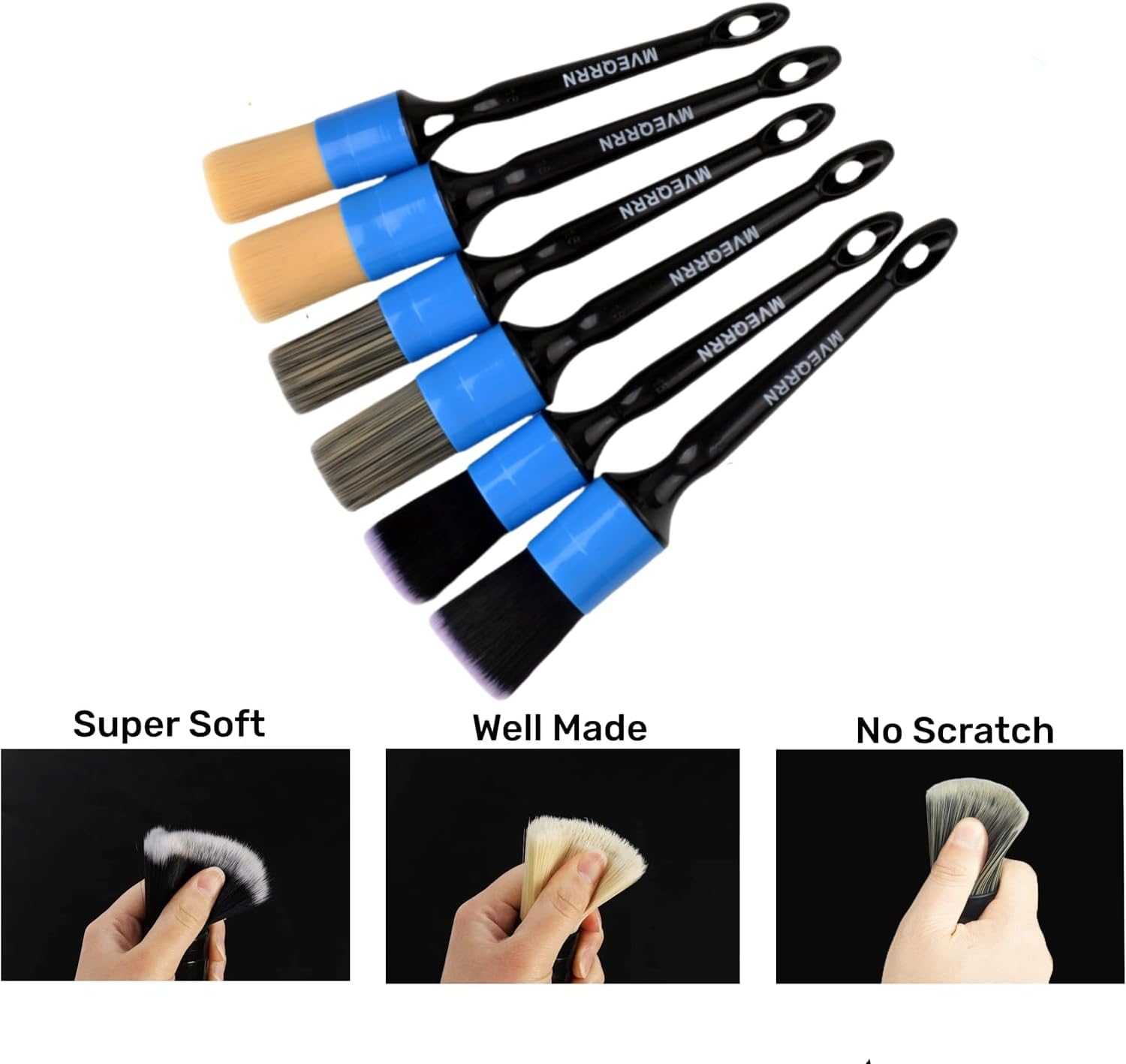 MVEQRRN 6pcs Car Detailing Brush Set - 2pcs Boar's Hair Car Detailing Brushes, 2pcs Ultra Soft No Scratch Detailing Brushes for Air Vent, Leather Seat, 2pcs Detail Brushes Car Detailing for Interior Exterior