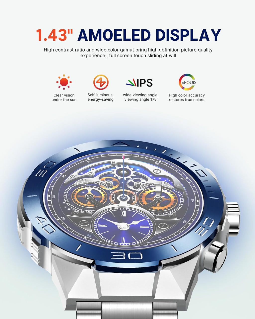 Smart Watch for Men Answer/Make Call for Android iPhone, 1.43" AMOLED HD Screen Men's Luxury Watch, 400mAh Heavy Duty Smartwatch Heart Rate Blood Oxygen Blood Pressure Sleep Monitor Pedometer, 2 Straps