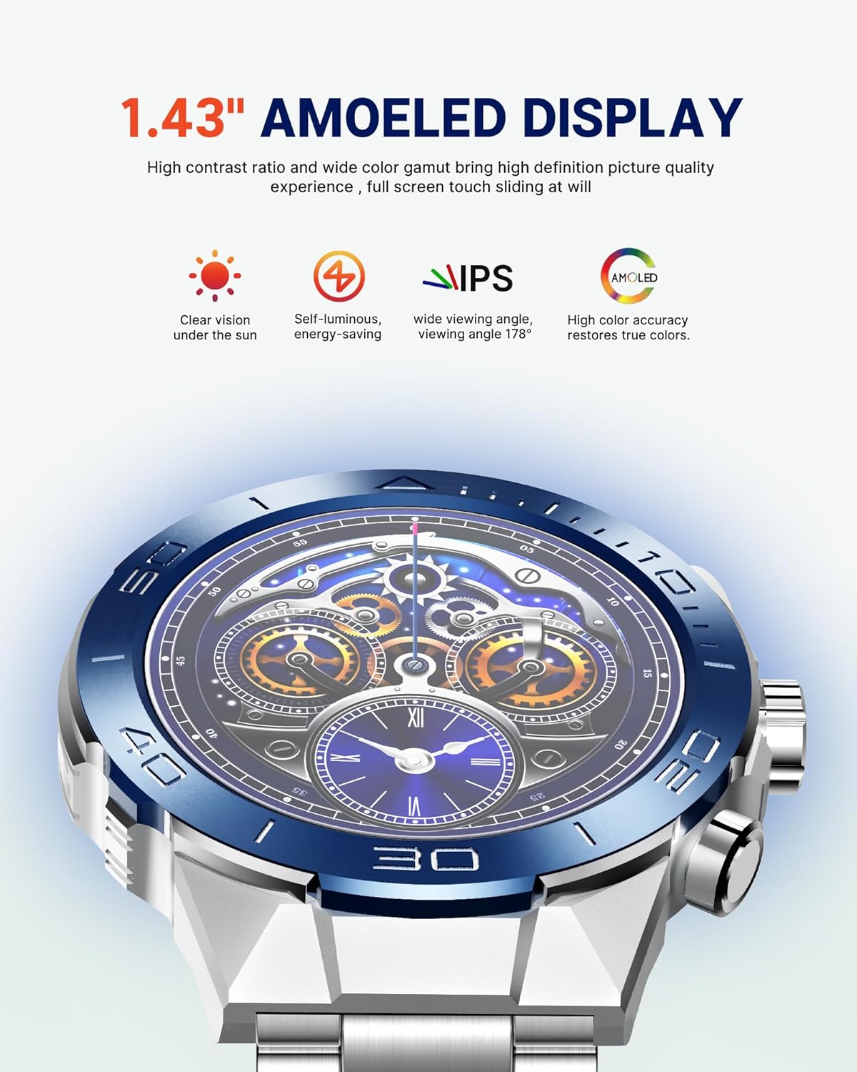 Smart Watch for Men Answer/Make Call for Android iPhone, 1.43" AMOLED HD Screen Men's Luxury Watch, 400mAh Heavy Duty Smartwatch Heart Rate Blood Oxygen Blood Pressure Sleep Monitor Pedometer, 2 Straps