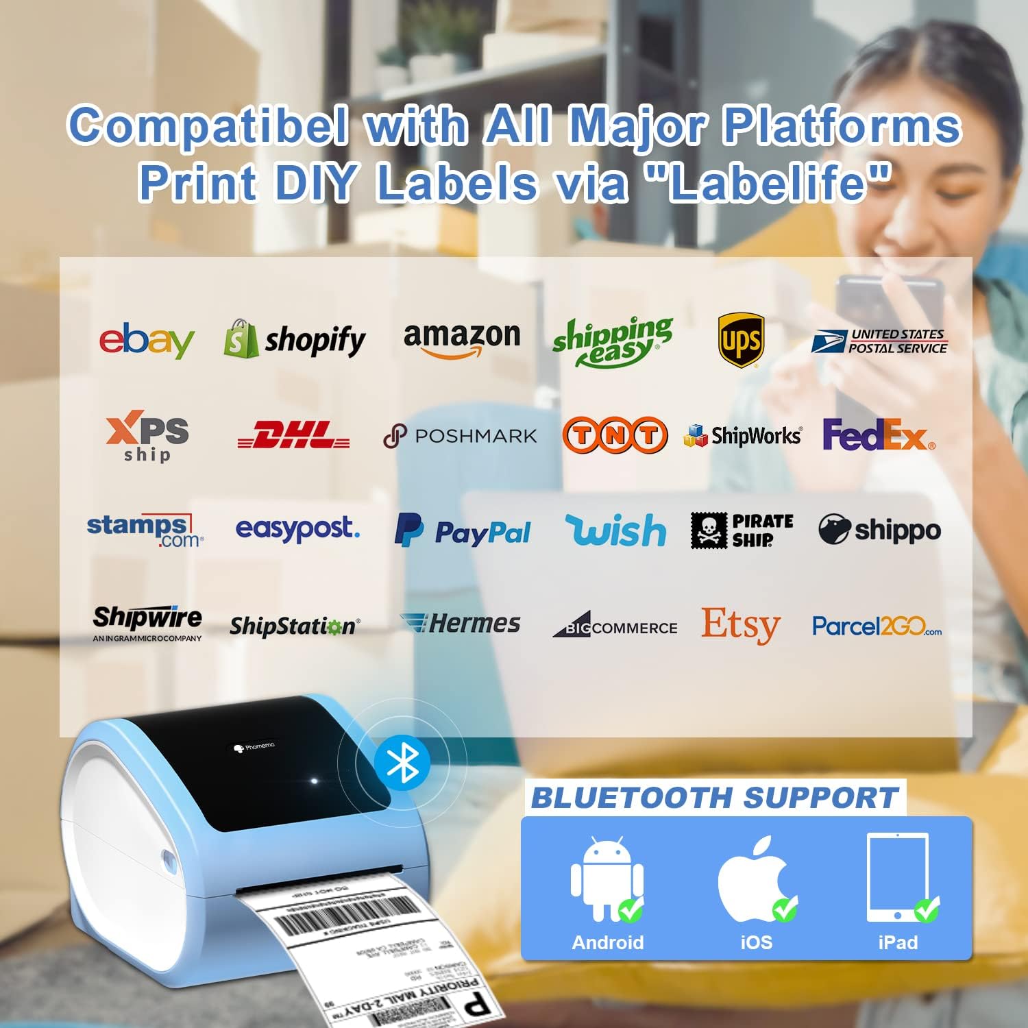 Phomemo Ethernet Thermal Label Printer 4x6, Bluetooth Shipping Label Printer for Small Business, Home, Office, 300DPI Wireless Thermal Printers Compatible with Ethernet/Bluetooth/USB, Etsy, USPS