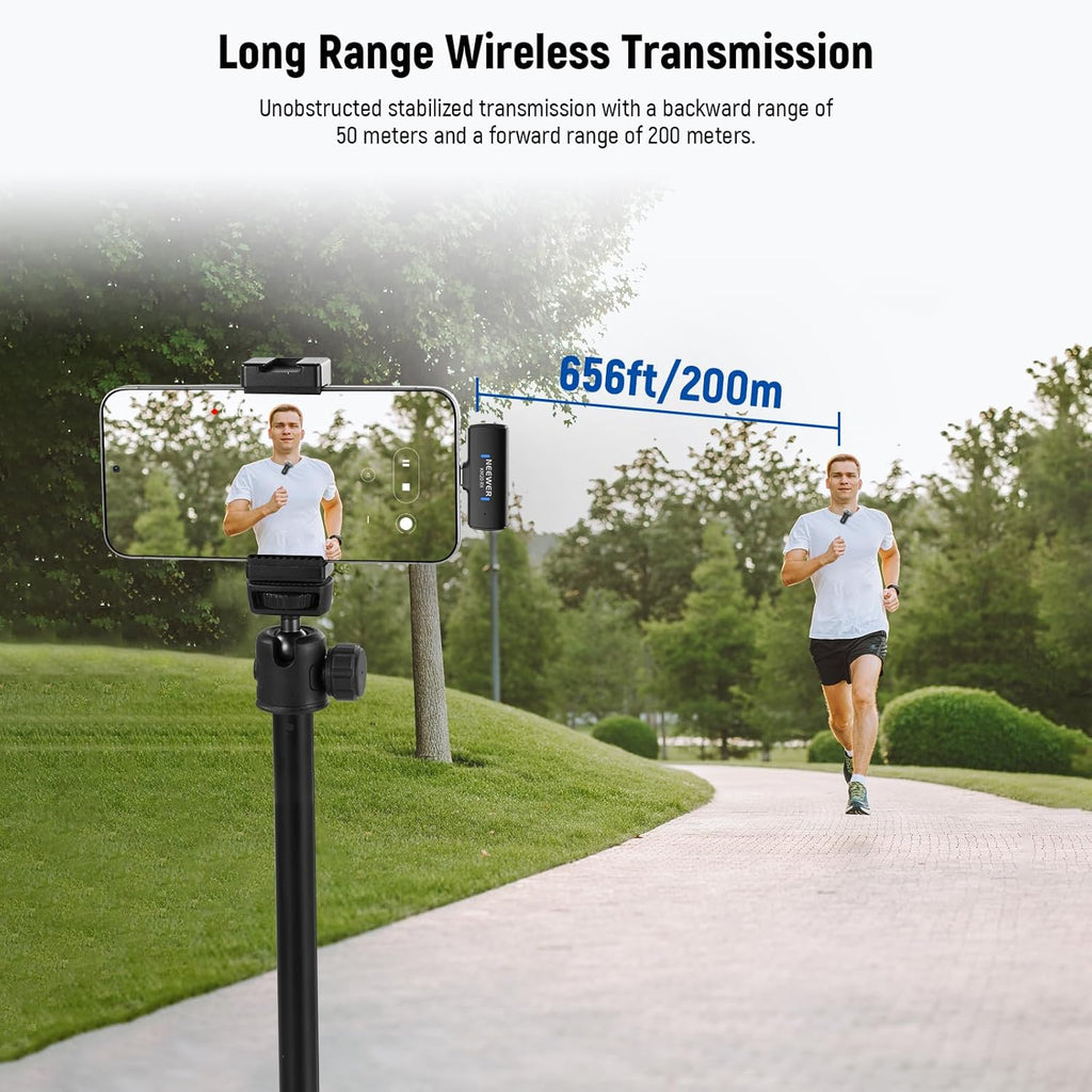 NEEWER KM19 Lightweight Wireless Lavalier Microphone, 48kHz/24bit 30H Battery 3-Level Noise Cancelling Mute Stereo 100m Range Mini Lav Mic with App Control, Compatible with iPhone Android Phone PC