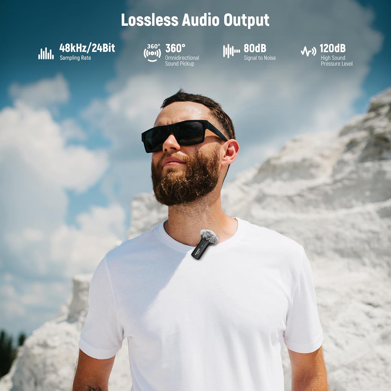 NEEWER KM19 Lightweight Wireless Lavalier Microphone, 48kHz/24bit 30H Battery 3-Level Noise Cancelling Mute Stereo 100m Range Mini Lav Mic with App Control, Compatible with iPhone Android Phone PC