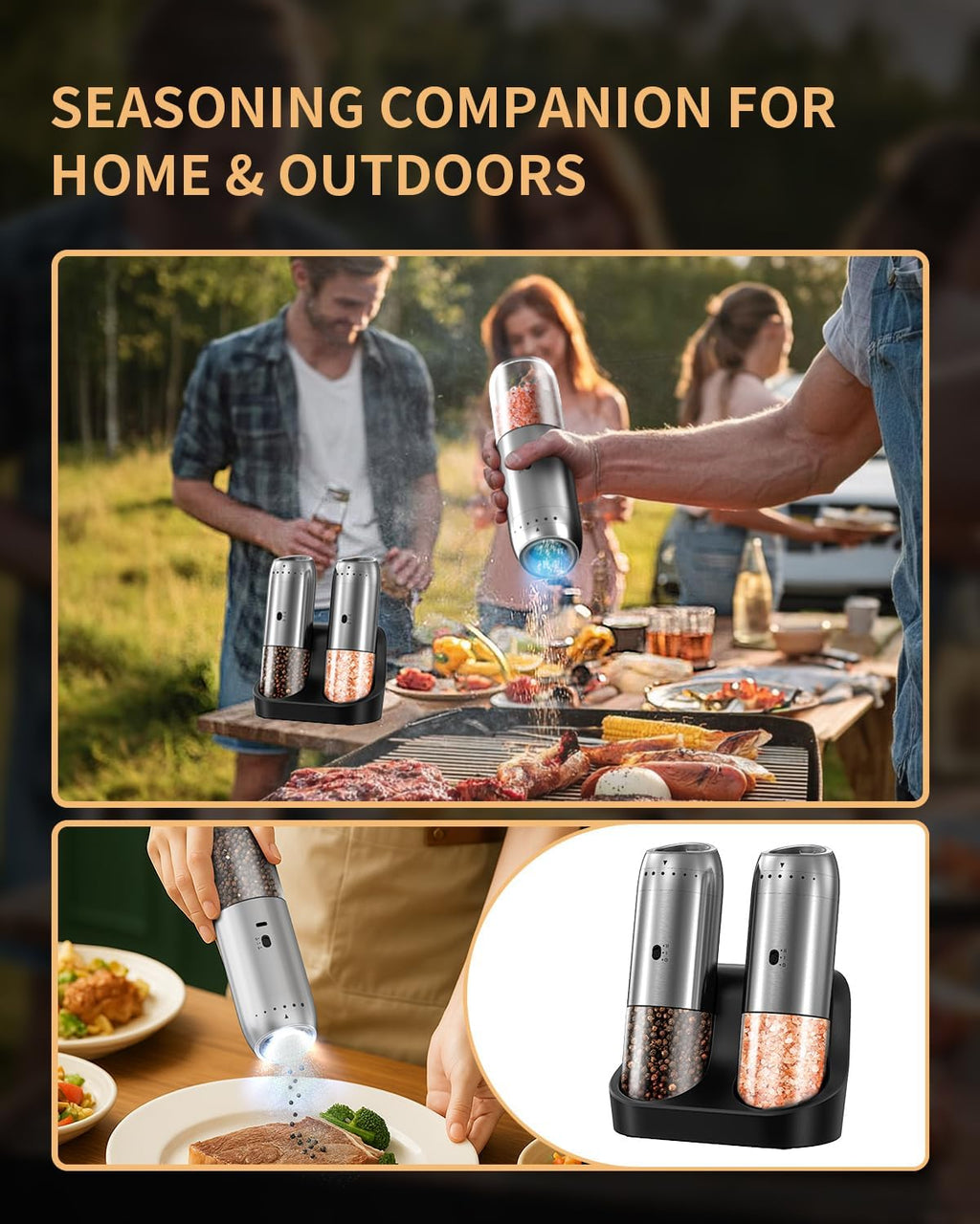 CIRCLE JOY Gravity Electric Salt and Pepper Grinder Set Automatic Salt and Pepper Grinder Set with LED Light, Battery Operated, Adjustable Coarseness, Large Capacity, for Home Kitchen BBQ, Black