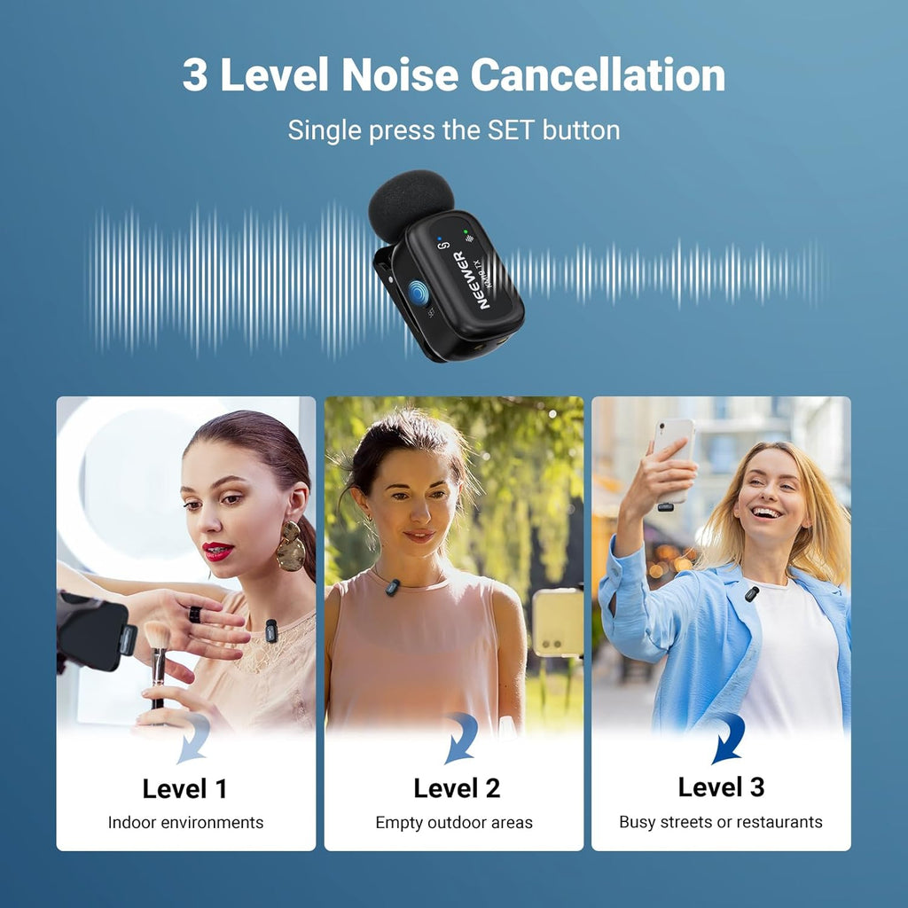 NEEWER KM19 Lightweight Wireless Lavalier Microphone, 48kHz/24bit 30H Battery 3-Level Noise Cancelling Mute Stereo 100m Range Mini Lav Mic with App Control, Compatible with iPhone Android Phone PC