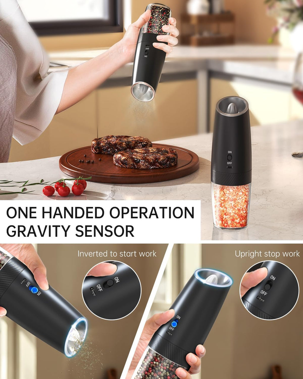 CIRCLE JOY Gravity Electric Salt and Pepper Grinder Set Automatic Salt and Pepper Grinder Set with LED Light, Battery Operated, Adjustable Coarseness, Large Capacity, for Home Kitchen BBQ, Black