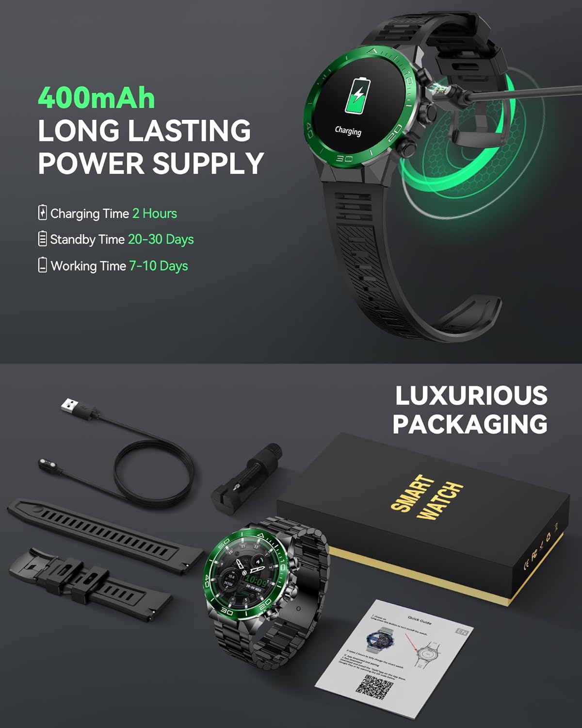 Smart Watch for Men Answer/Make Call for Android iPhone, 1.43" AMOLED HD Screen Men's Luxury Watch, 400mAh Heavy Duty Smartwatch Heart Rate Blood Oxygen Blood Pressure Sleep Monitor Pedometer, 2 Straps