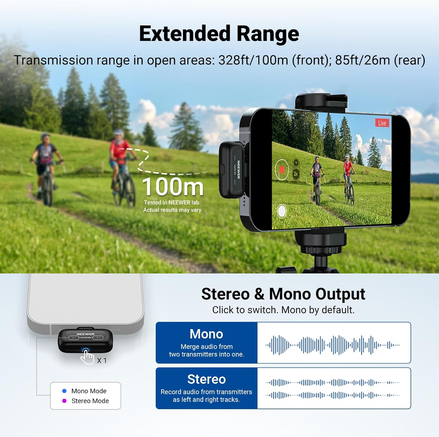 NEEWER KM19 Lightweight Wireless Lavalier Microphone, 48kHz/24bit 30H Battery 3-Level Noise Cancelling Mute Stereo 100m Range Mini Lav Mic with App Control, Compatible with iPhone Android Phone PC