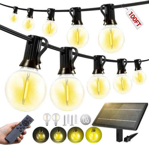100FT Solar Lights Outdoor Waterproof: G40 30M Shatterproof Bulbs Patio Lights - Solar Powered Remote Control 3 Light Modes Dimmable Solar Light - Camping Backyard Garden Deck Outside Yard