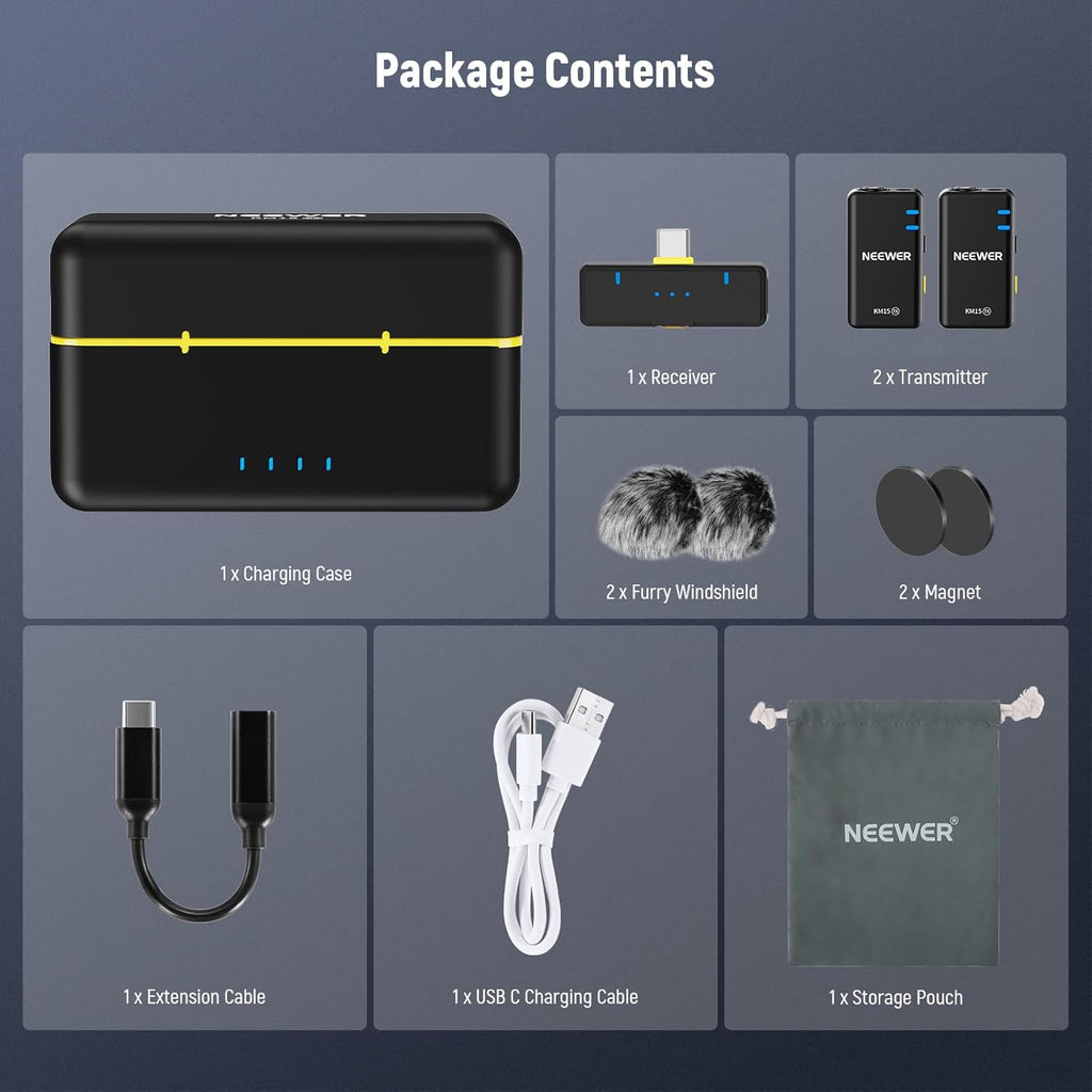 NEEWER KM19 Lightweight Wireless Lavalier Microphone, 48kHz/24bit 30H Battery 3-Level Noise Cancelling Mute Stereo 100m Range Mini Lav Mic with App Control, Compatible with iPhone Android Phone PC
