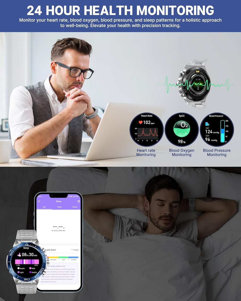 Smart Watch for Men Answer/Make Call for Android iPhone, 1.43" AMOLED HD Screen Men's Luxury Watch, 400mAh Heavy Duty Smartwatch Heart Rate Blood Oxygen Blood Pressure Sleep Monitor Pedometer, 2 Straps