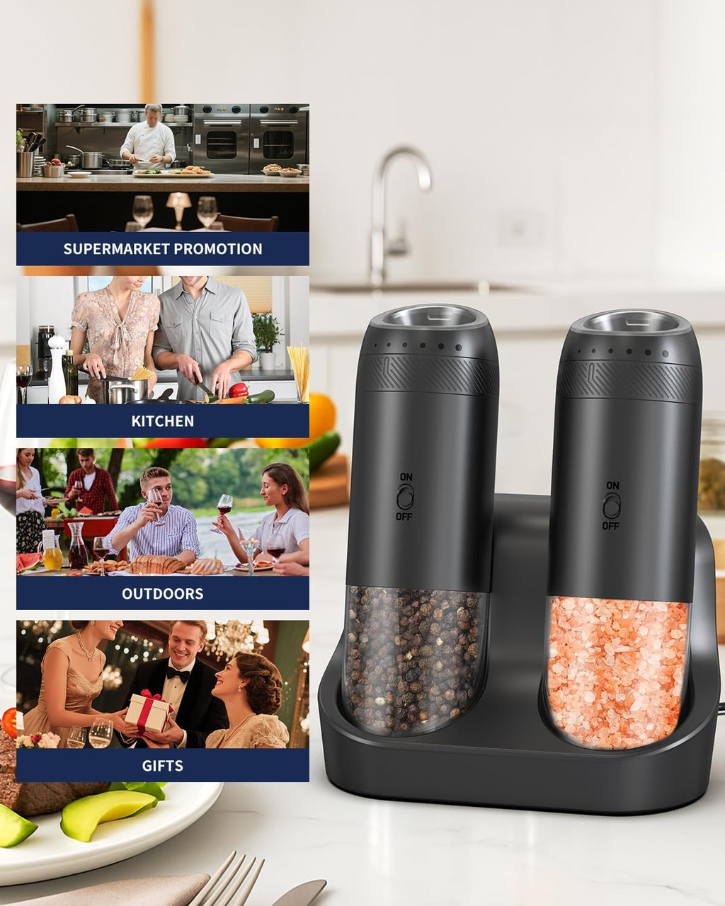 CIRCLE JOY Gravity Electric Salt and Pepper Grinder Set Automatic Salt and Pepper Grinder Set with LED Light, Battery Operated, Adjustable Coarseness, Large Capacity, for Home Kitchen BBQ, Black