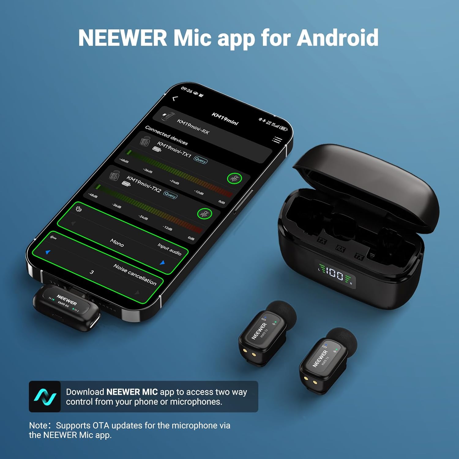 NEEWER KM19 Lightweight Wireless Lavalier Microphone, 48kHz/24bit 30H Battery 3-Level Noise Cancelling Mute Stereo 100m Range Mini Lav Mic with App Control, Compatible with iPhone Android Phone PC