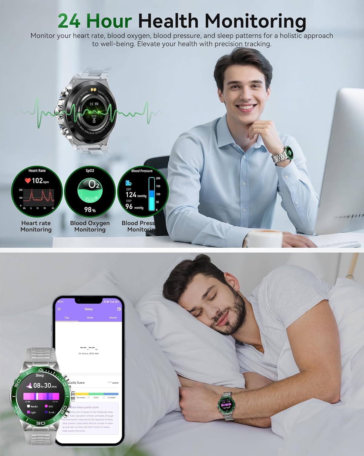 Smart Watch for Men Answer/Make Call for Android iPhone, 1.43" AMOLED HD Screen Men's Luxury Watch, 400mAh Heavy Duty Smartwatch Heart Rate Blood Oxygen Blood Pressure Sleep Monitor Pedometer, 2 Straps