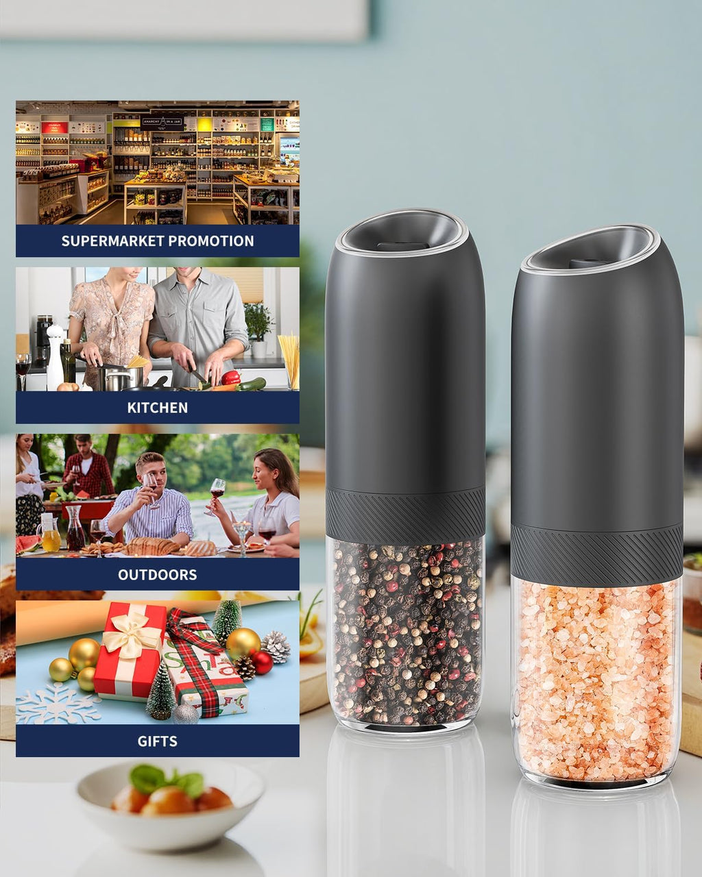 CIRCLE JOY Gravity Electric Salt and Pepper Grinder Set Automatic Salt and Pepper Grinder Set with LED Light, Battery Operated, Adjustable Coarseness, Large Capacity, for Home Kitchen BBQ, Black