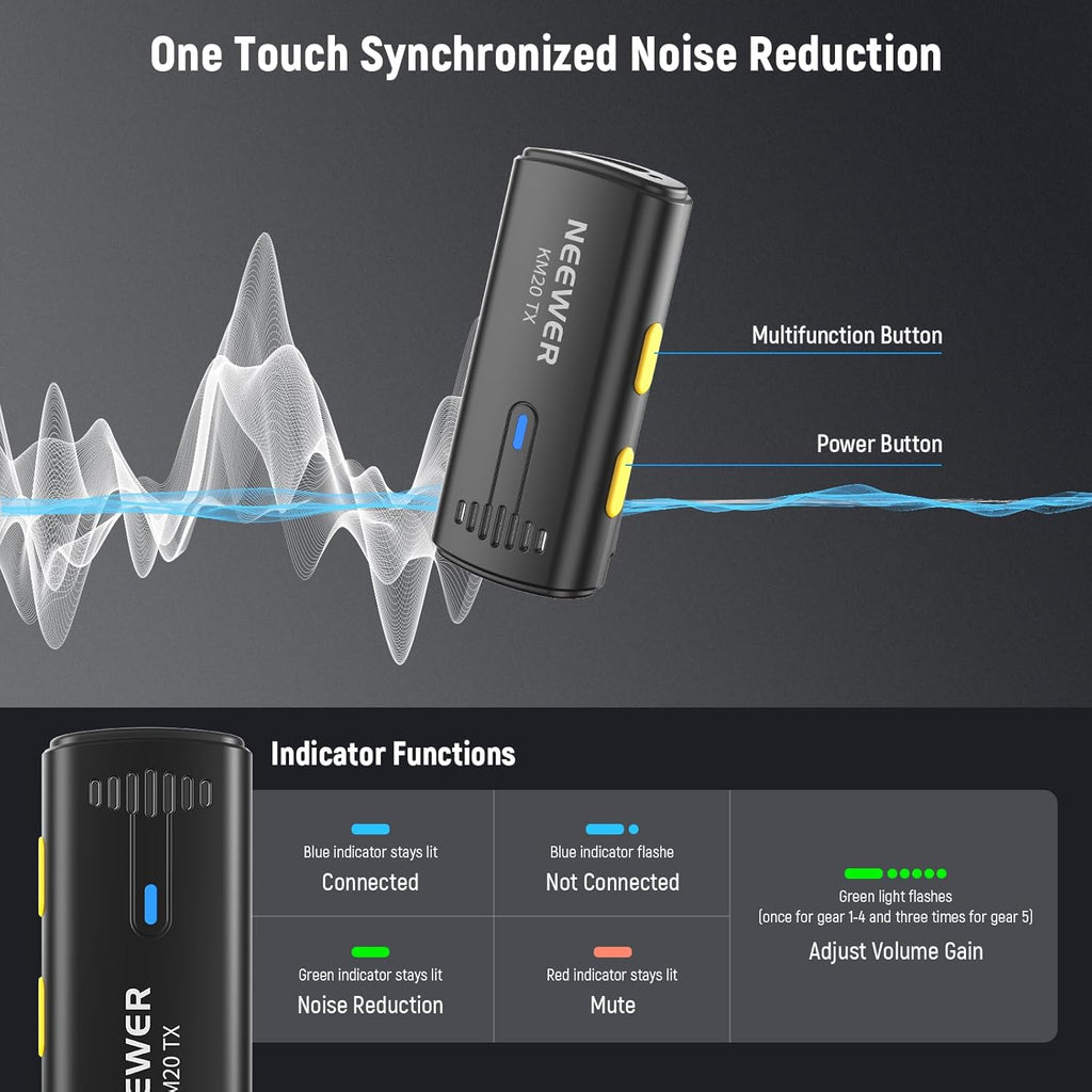 NEEWER KM19 Lightweight Wireless Lavalier Microphone, 48kHz/24bit 30H Battery 3-Level Noise Cancelling Mute Stereo 100m Range Mini Lav Mic with App Control, Compatible with iPhone Android Phone PC