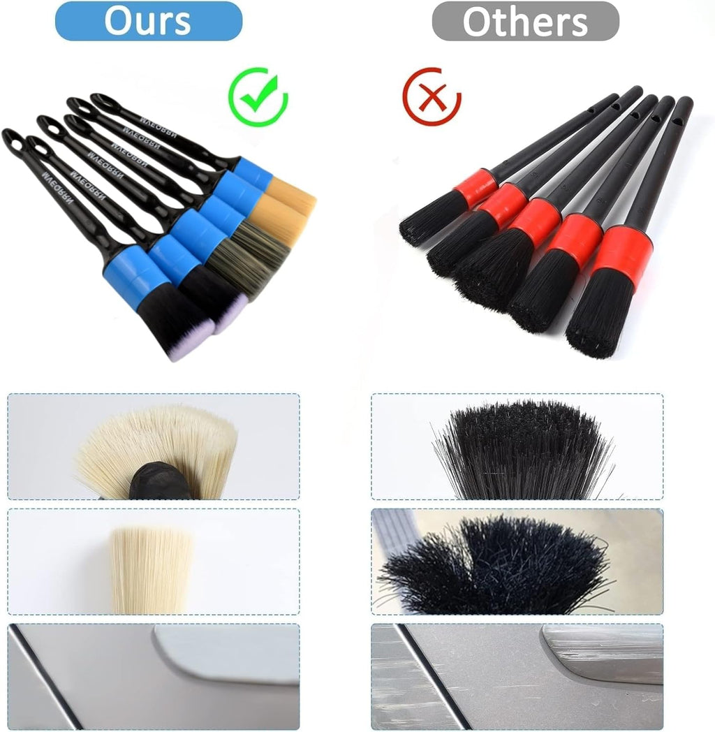 MVEQRRN 6pcs Car Detailing Brush Set - 2pcs Boar's Hair Car Detailing Brushes, 2pcs Ultra Soft No Scratch Detailing Brushes for Air Vent, Leather Seat, 2pcs Detail Brushes Car Detailing for Interior Exterior