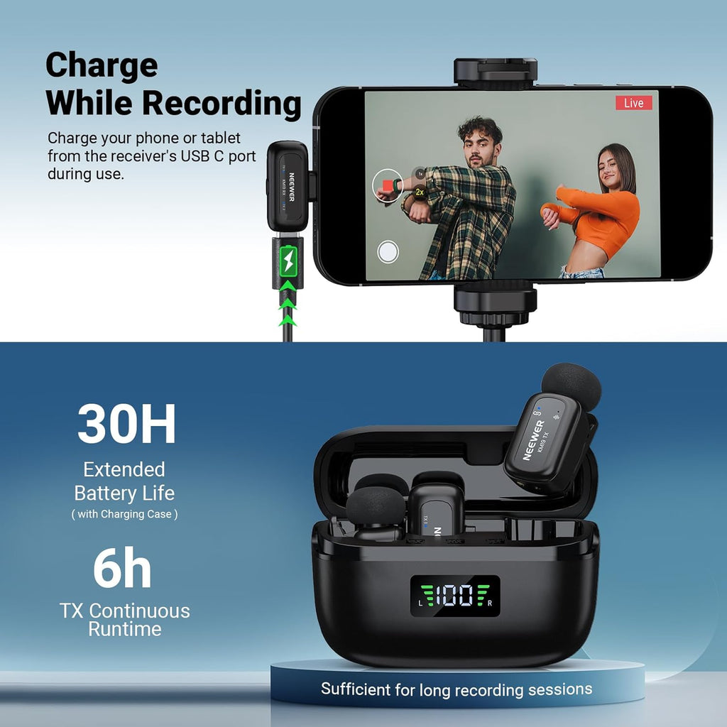 NEEWER KM19 Lightweight Wireless Lavalier Microphone, 48kHz/24bit 30H Battery 3-Level Noise Cancelling Mute Stereo 100m Range Mini Lav Mic with App Control, Compatible with iPhone Android Phone PC