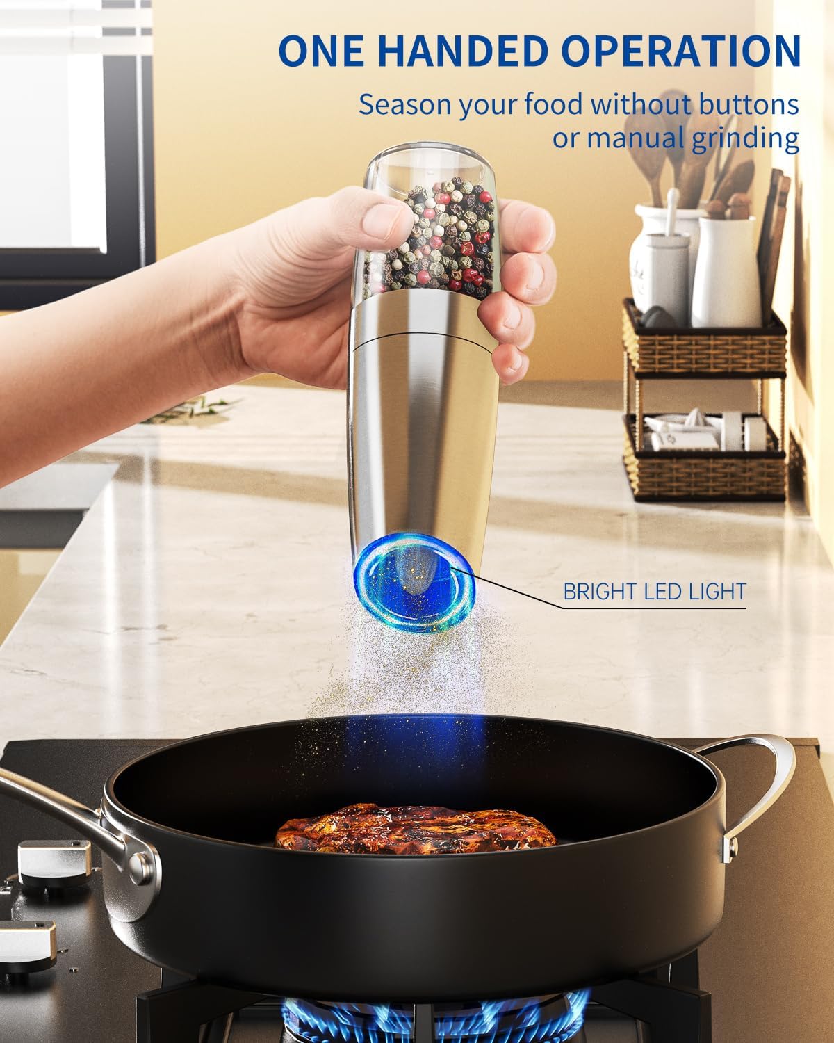 CIRCLE JOY Gravity Electric Salt and Pepper Grinder Set Automatic Salt and Pepper Grinder Set with LED Light, Battery Operated, Adjustable Coarseness, Large Capacity, for Home Kitchen BBQ, Black