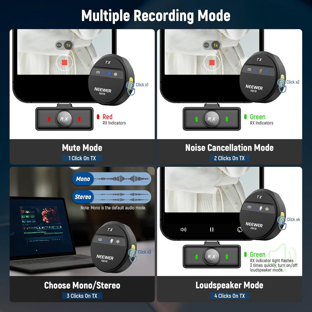 NEEWER KM19 Lightweight Wireless Lavalier Microphone, 48kHz/24bit 30H Battery 3-Level Noise Cancelling Mute Stereo 100m Range Mini Lav Mic with App Control, Compatible with iPhone Android Phone PC