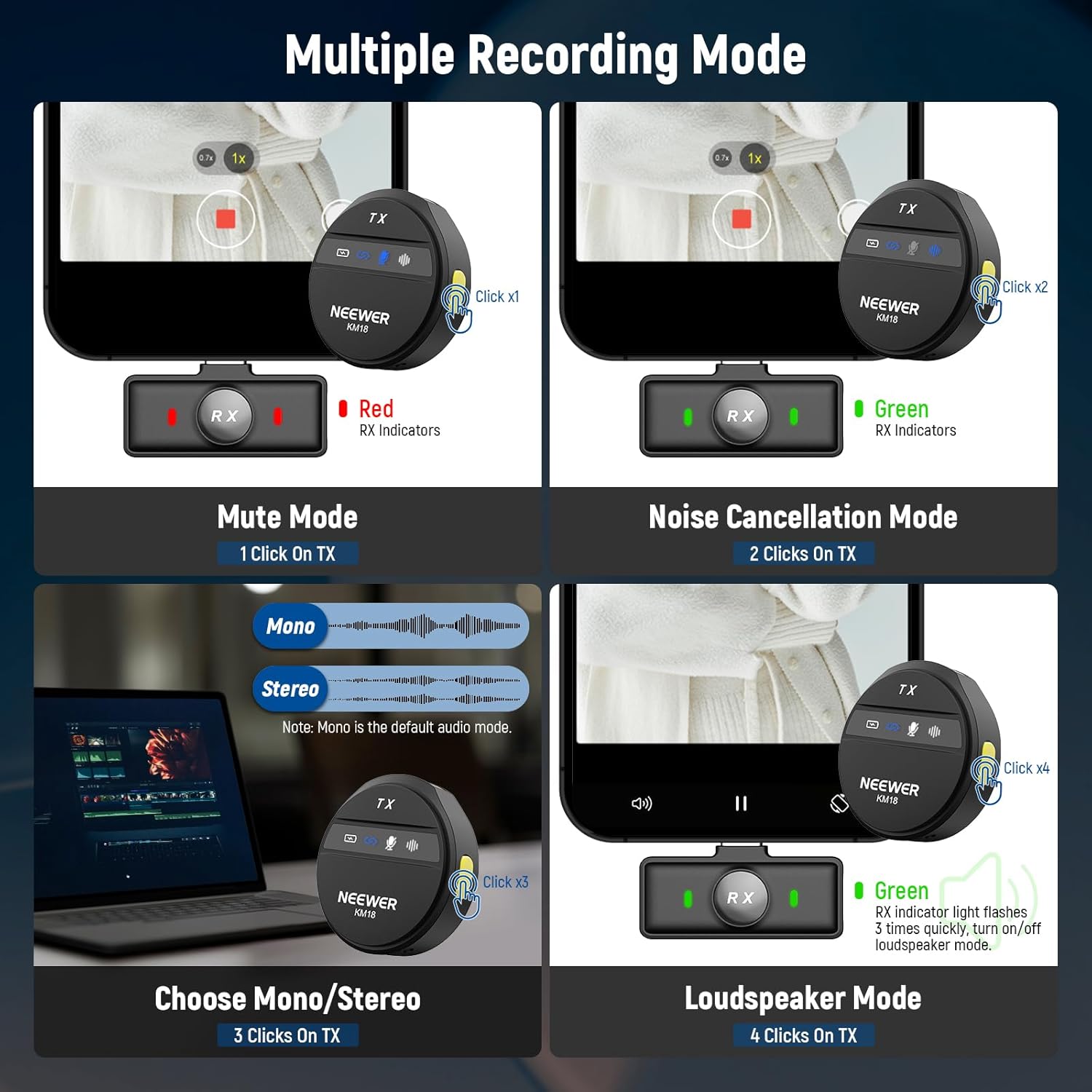NEEWER KM19 Lightweight Wireless Lavalier Microphone, 48kHz/24bit 30H Battery 3-Level Noise Cancelling Mute Stereo 100m Range Mini Lav Mic with App Control, Compatible with iPhone Android Phone PC