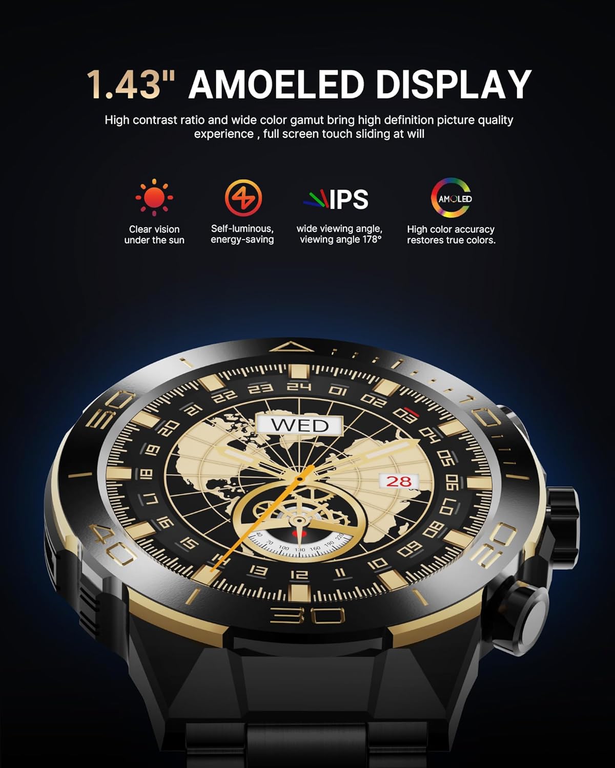 Smart Watch for Men Answer/Make Call for Android iPhone, 1.43" AMOLED HD Screen Men's Luxury Watch, 400mAh Heavy Duty Smartwatch Heart Rate Blood Oxygen Blood Pressure Sleep Monitor Pedometer, 2 Straps