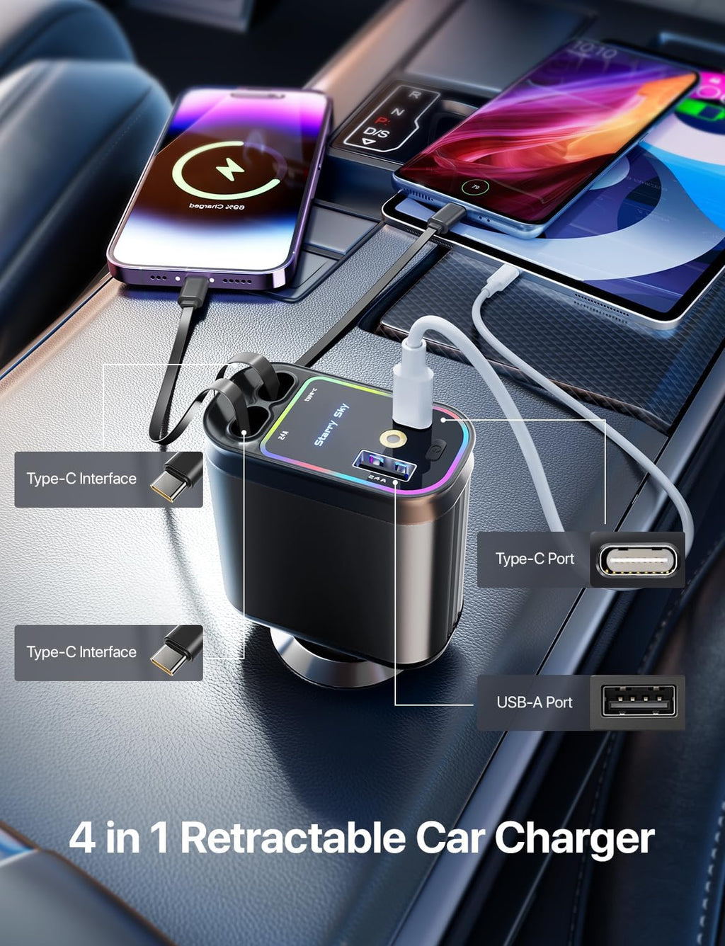 Retractable Car Charger with Starlight, 66W Starlight in Car Roof 4-in-1 Retractable Car Phone Charger Adapter, Fast Charging USB C Cable, Compatible with iPhone 17/16/15/14/13/12