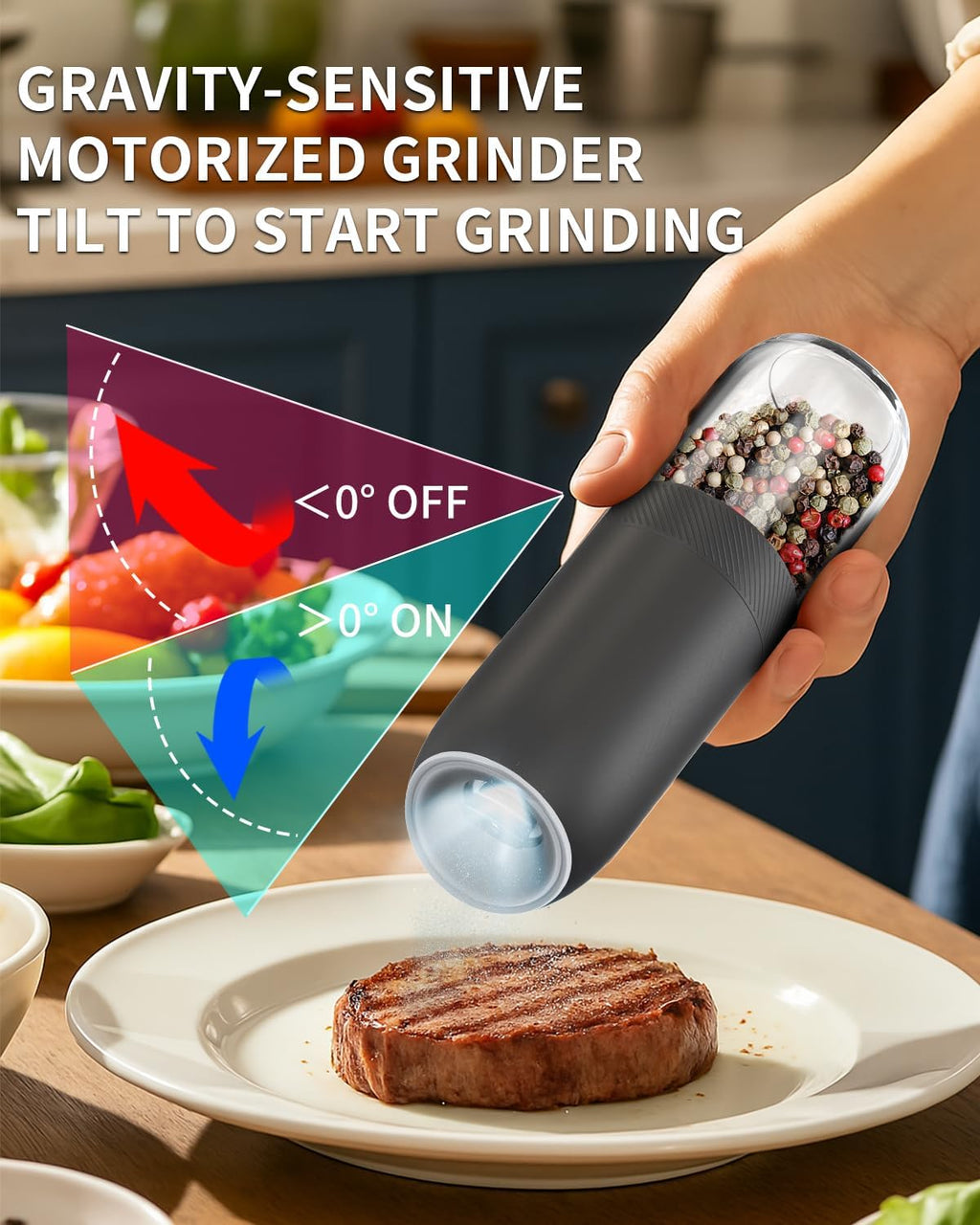 CIRCLE JOY Gravity Electric Salt and Pepper Grinder Set Automatic Salt and Pepper Grinder Set with LED Light, Battery Operated, Adjustable Coarseness, Large Capacity, for Home Kitchen BBQ, Black
