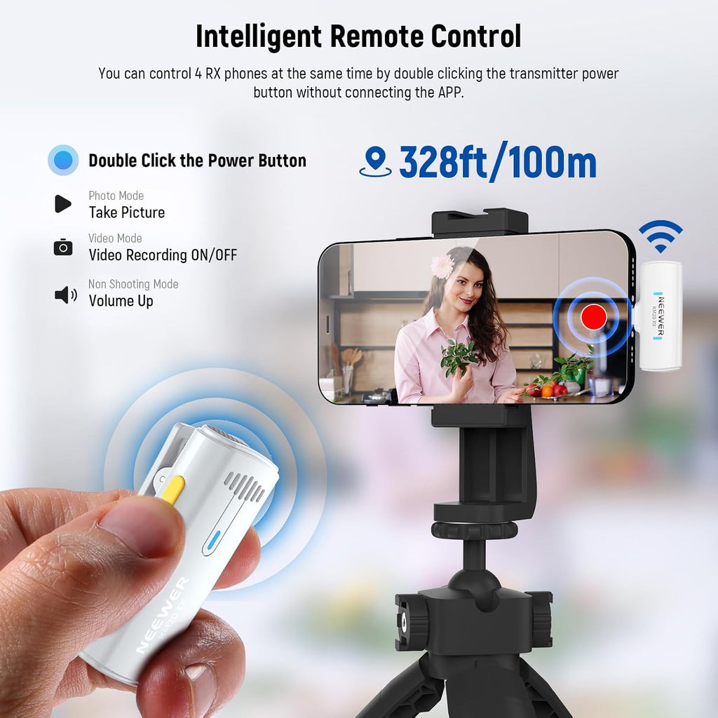 NEEWER KM19 Lightweight Wireless Lavalier Microphone, 48kHz/24bit 30H Battery 3-Level Noise Cancelling Mute Stereo 100m Range Mini Lav Mic with App Control, Compatible with iPhone Android Phone PC