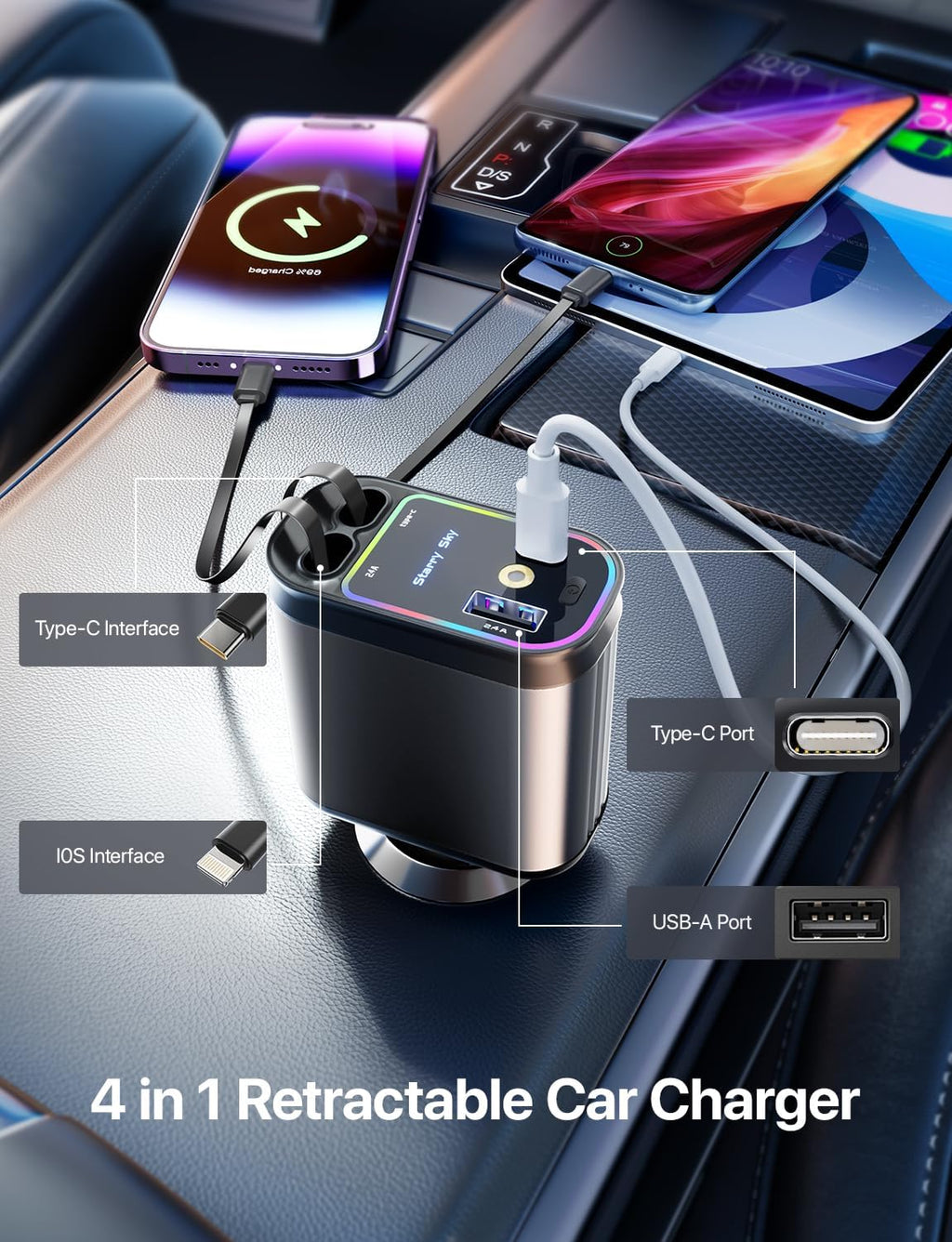 Retractable Car Charger with Starlight, 66W Starlight in Car Roof 4-in-1 Retractable Car Phone Charger Adapter, Fast Charging USB C Cable, Compatible with iPhone 17/16/15/14/13/12