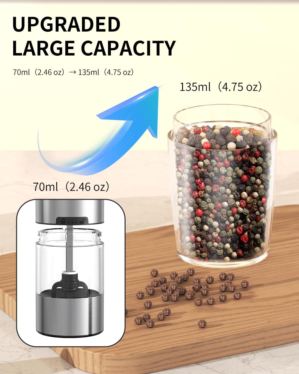CIRCLE JOY Gravity Electric Salt and Pepper Grinder Set Automatic Salt and Pepper Grinder Set with LED Light, Battery Operated, Adjustable Coarseness, Large Capacity, for Home Kitchen BBQ, Black