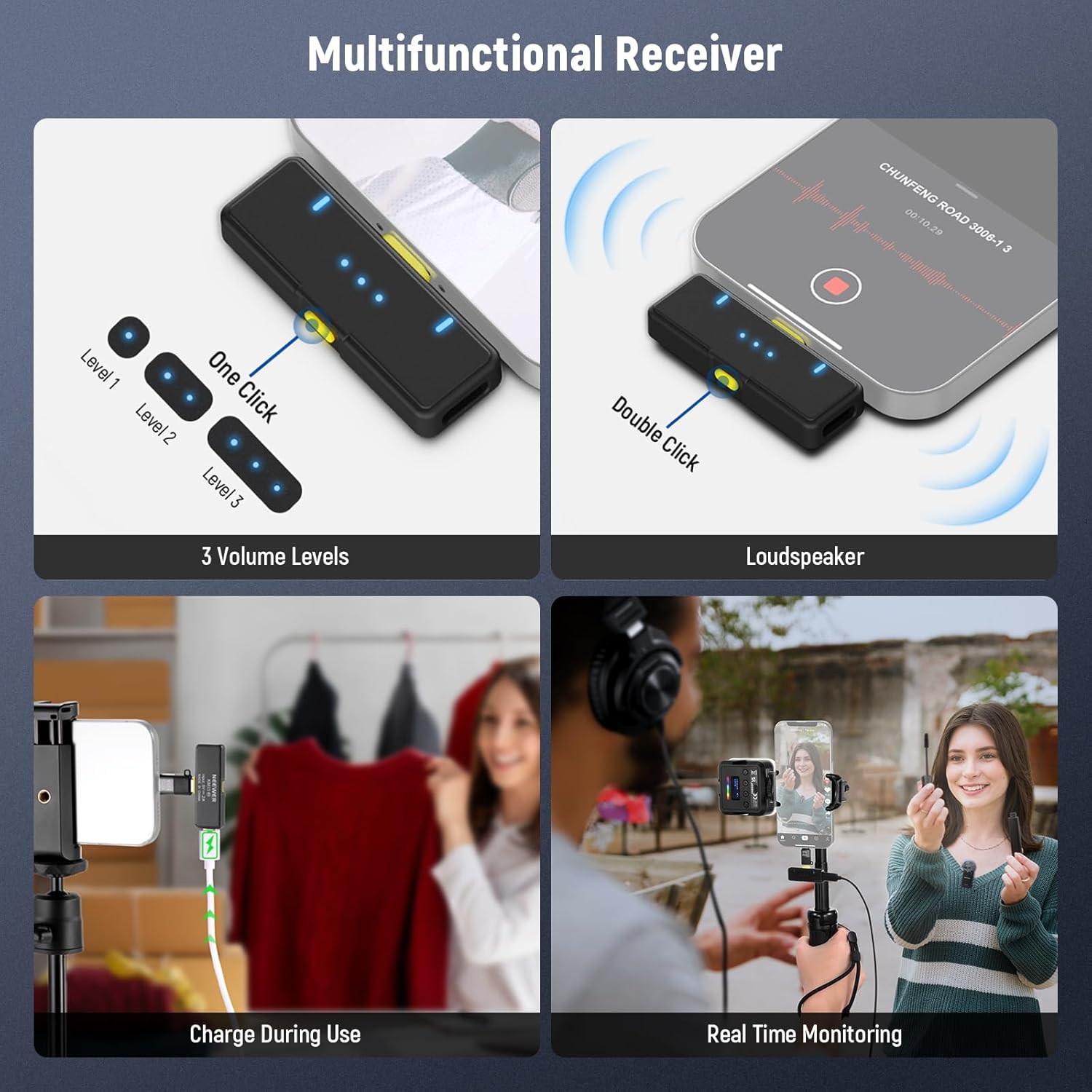 NEEWER KM19 Lightweight Wireless Lavalier Microphone, 48kHz/24bit 30H Battery 3-Level Noise Cancelling Mute Stereo 100m Range Mini Lav Mic with App Control, Compatible with iPhone Android Phone PC