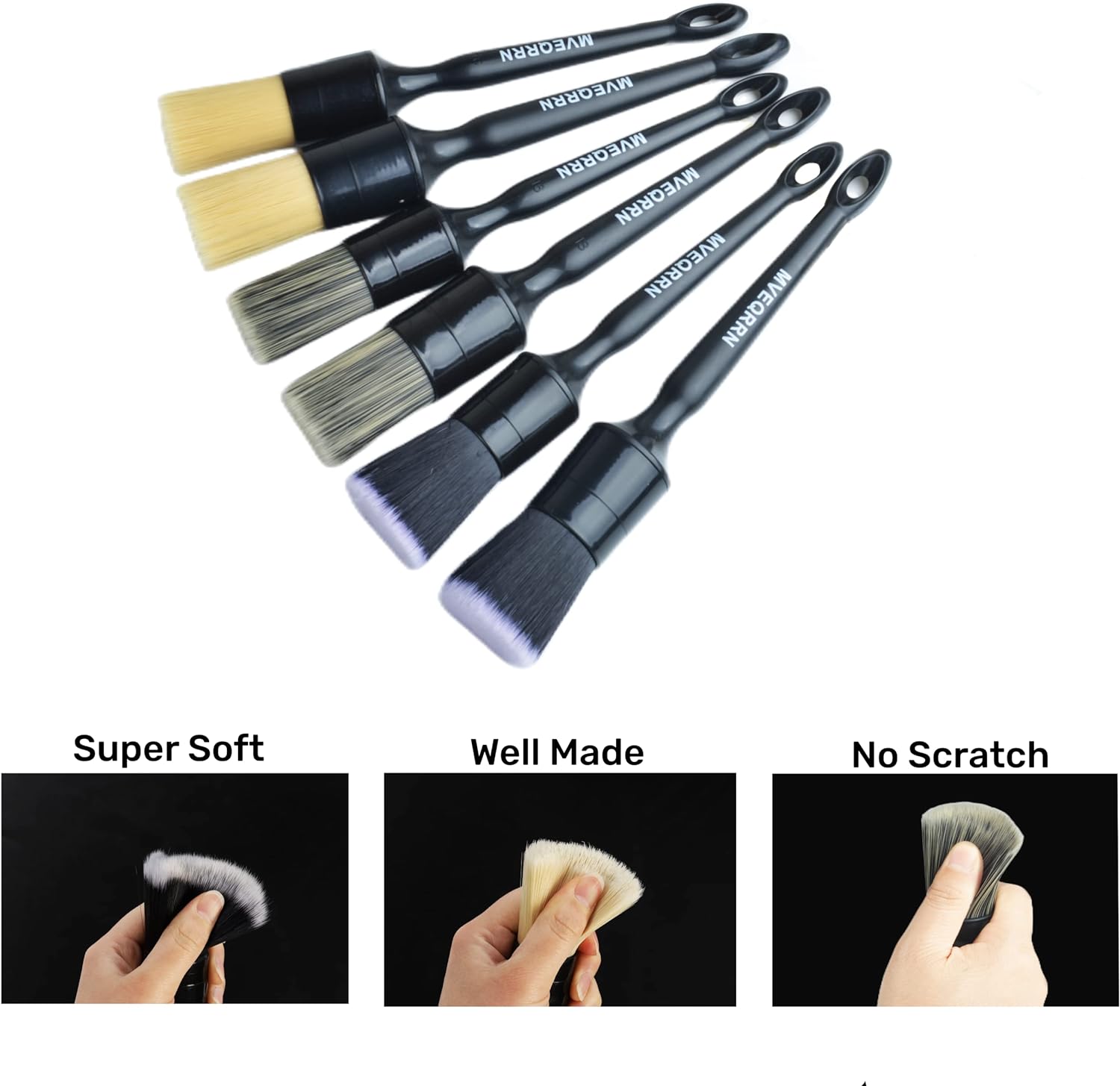 MVEQRRN 6pcs Car Detailing Brush Set - 2pcs Boar's Hair Car Detailing Brushes, 2pcs Ultra Soft No Scratch Detailing Brushes for Air Vent, Leather Seat, 2pcs Detail Brushes Car Detailing for Interior Exterior