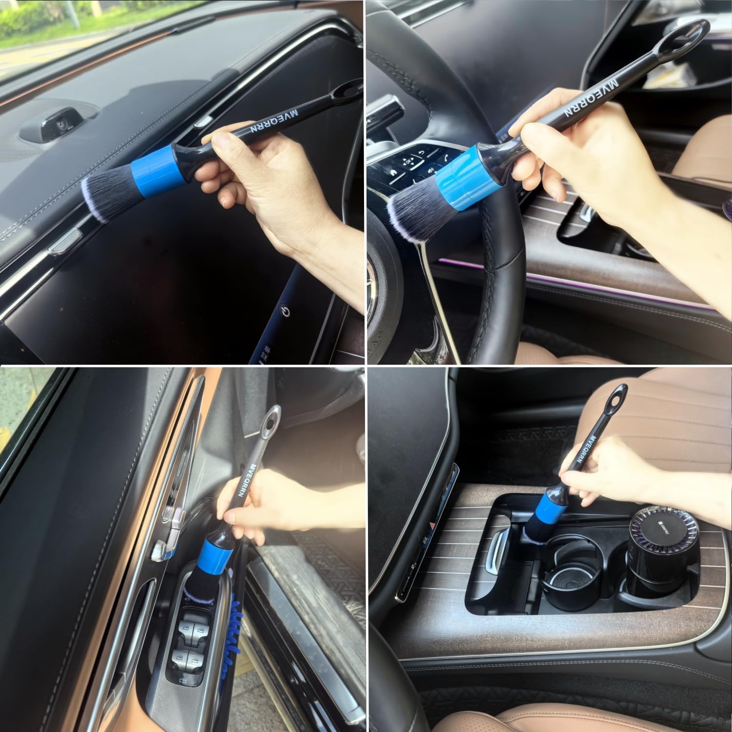 MVEQRRN 6pcs Car Detailing Brush Set - 2pcs Boar's Hair Car Detailing Brushes, 2pcs Ultra Soft No Scratch Detailing Brushes for Air Vent, Leather Seat, 2pcs Detail Brushes Car Detailing for Interior Exterior