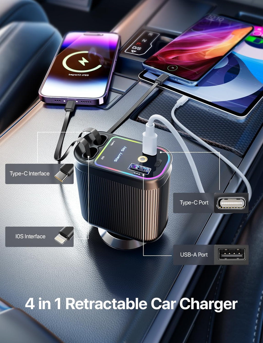 Retractable Car Charger with Starlight, 66W Starlight in Car Roof 4-in-1 Retractable Car Phone Charger Adapter, Fast Charging USB C Cable, Compatible with iPhone 17/16/15/14/13/12