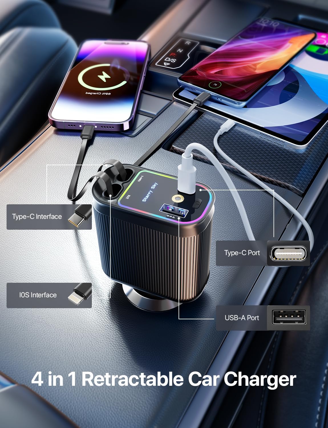 Retractable Car Charger with Starlight, 66W Starlight in Car Roof 4-in-1 Retractable Car Phone Charger Adapter, Fast Charging USB C Cable, Compatible with iPhone 17/16/15/14/13/12
